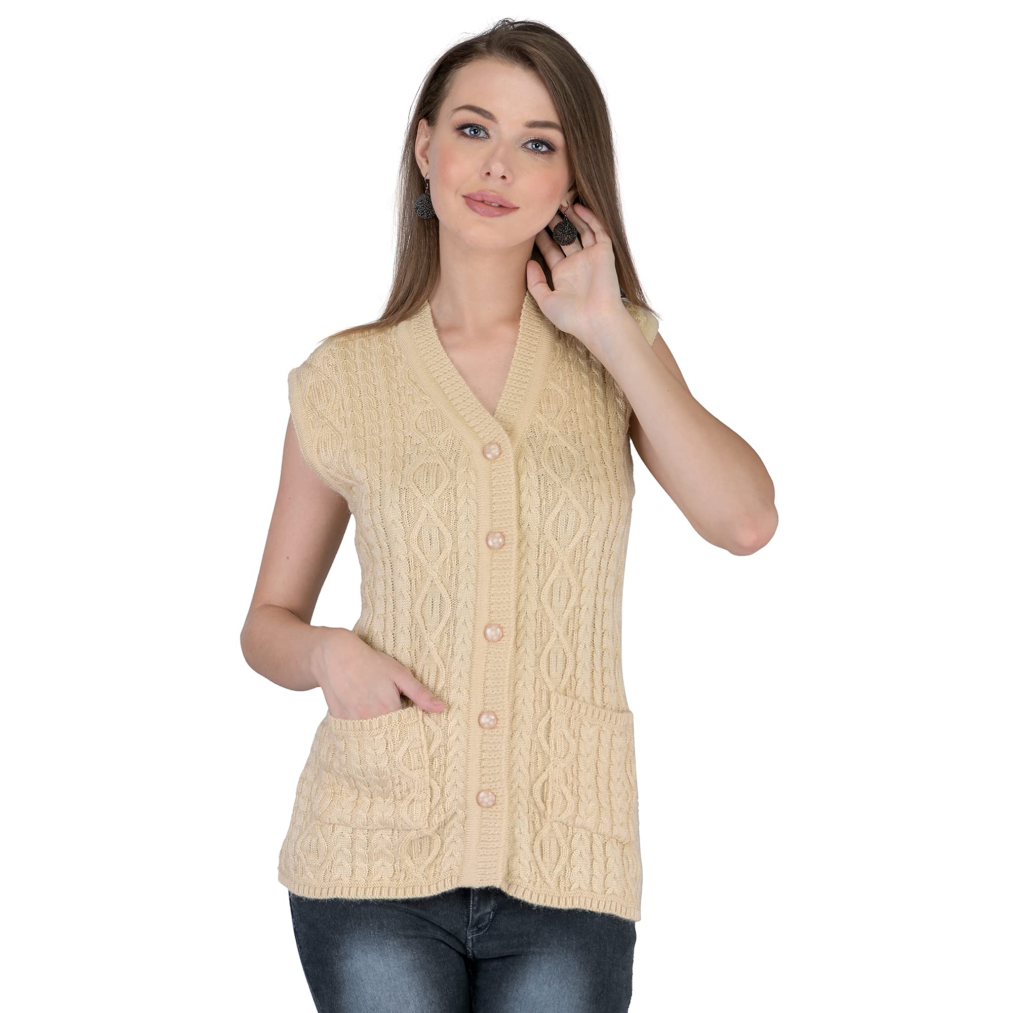lady willington Women's Wool V-Neck Cardigan (PUREWOOLRAINBOWSEMIHALFSLEEVECARDIGAN_Light Skin_L)-picture-20