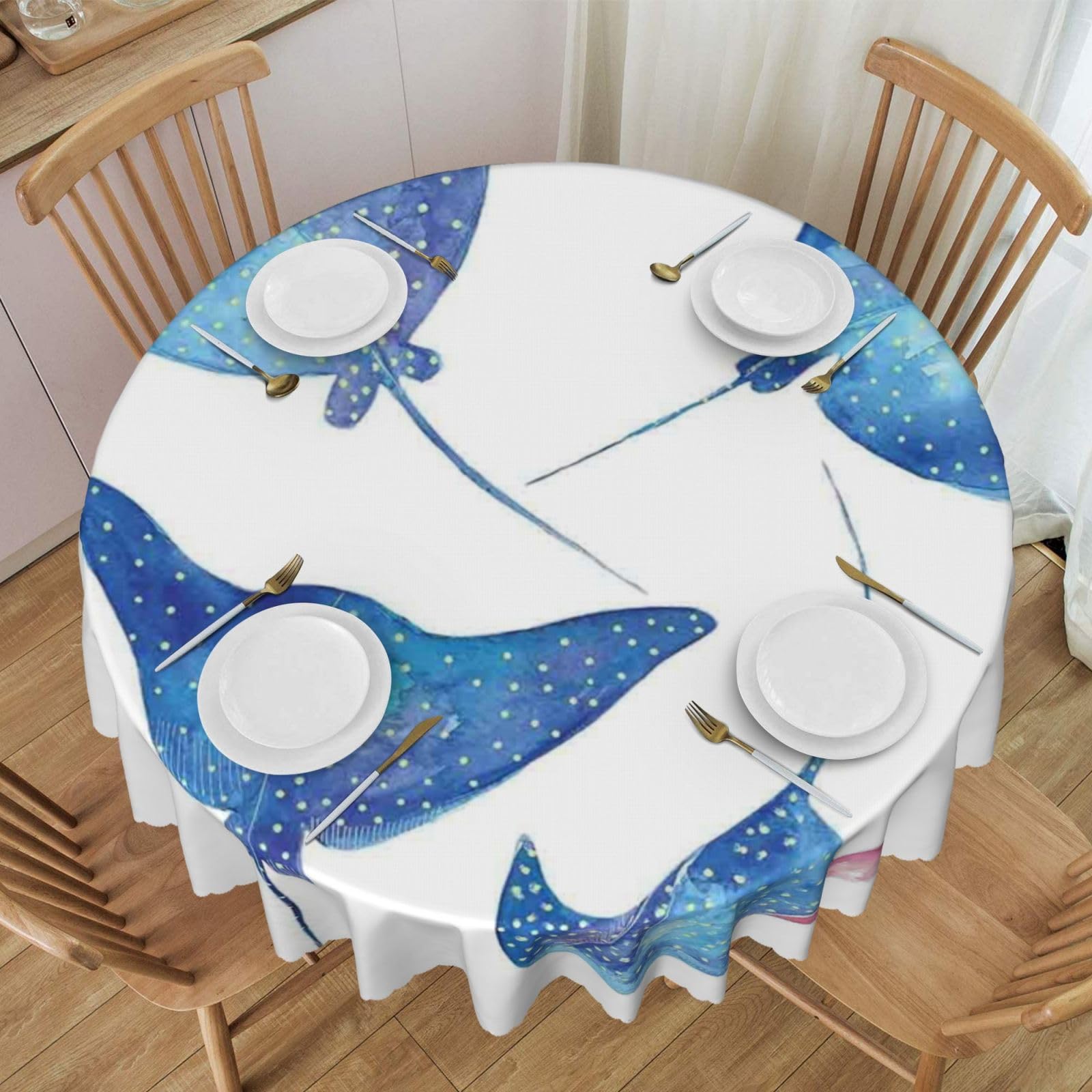 DCEHGEW 60 In Round Tablecloth with Lace, Sea Animals Stingrays Printed Oilproof & Washable Fabric Picnic Table Cloth Table Covers