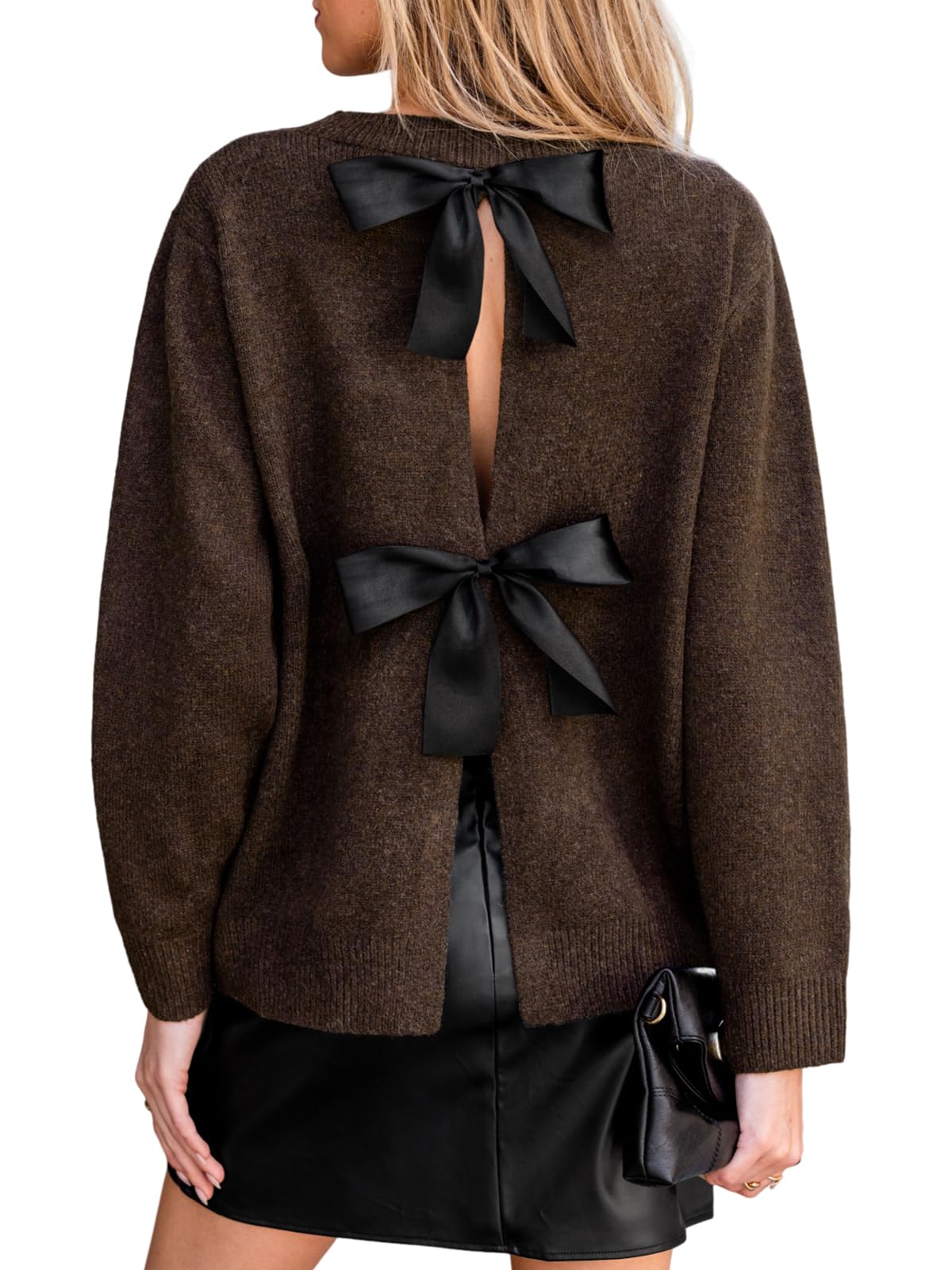 CUPSHE Womens Trendy Knit Bow Sweater Long Sleeve Round Neck Casual Fall Winter Tops