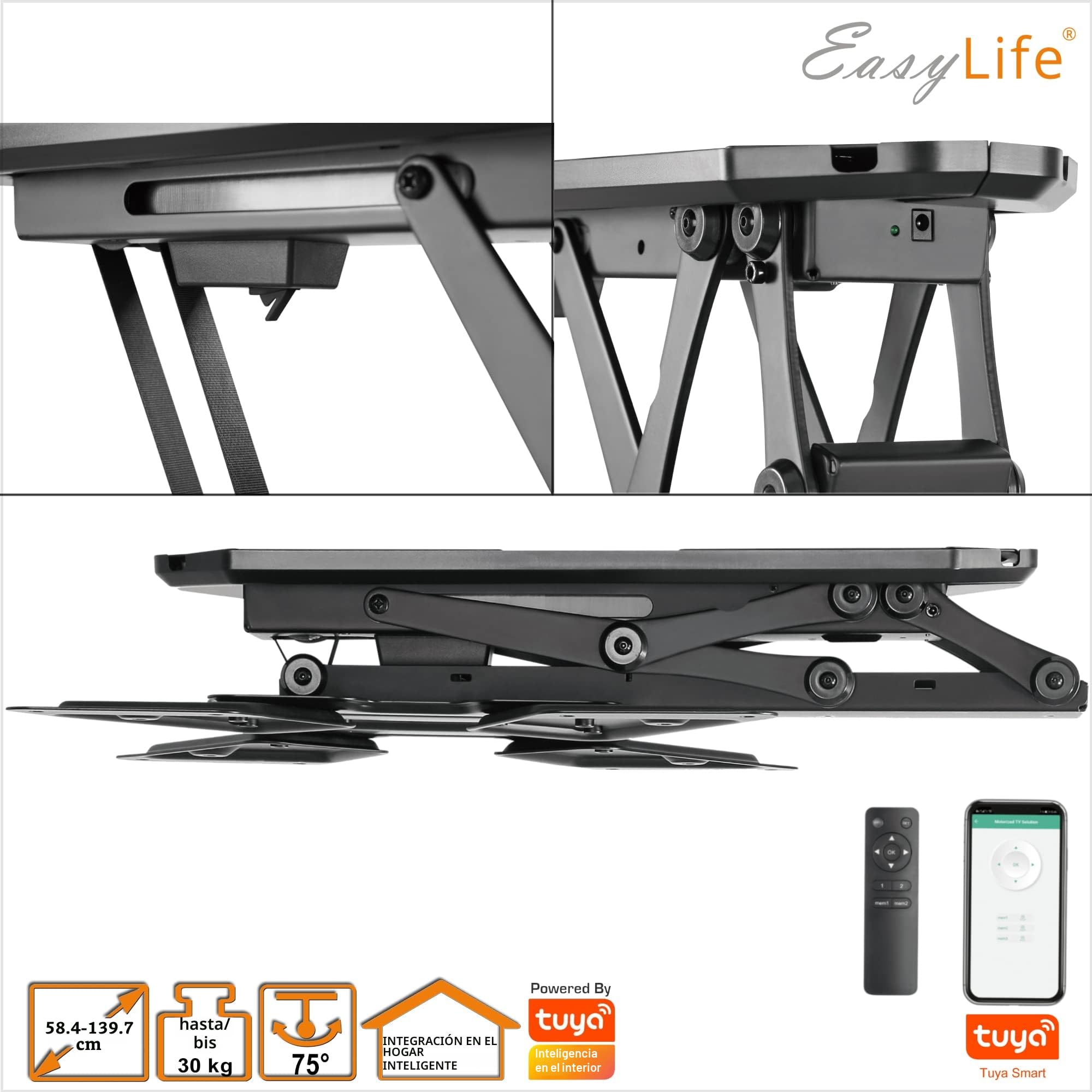 EasyLife Soporte de Techo para TV V2 con Eléctrico Y Giratorio, Integración Smart Home, de 37 A 75 Pulgadas, Soporte VESA hasta 600×400 para Televisores LCD/OLED, Monitores, Pantallas - Negro