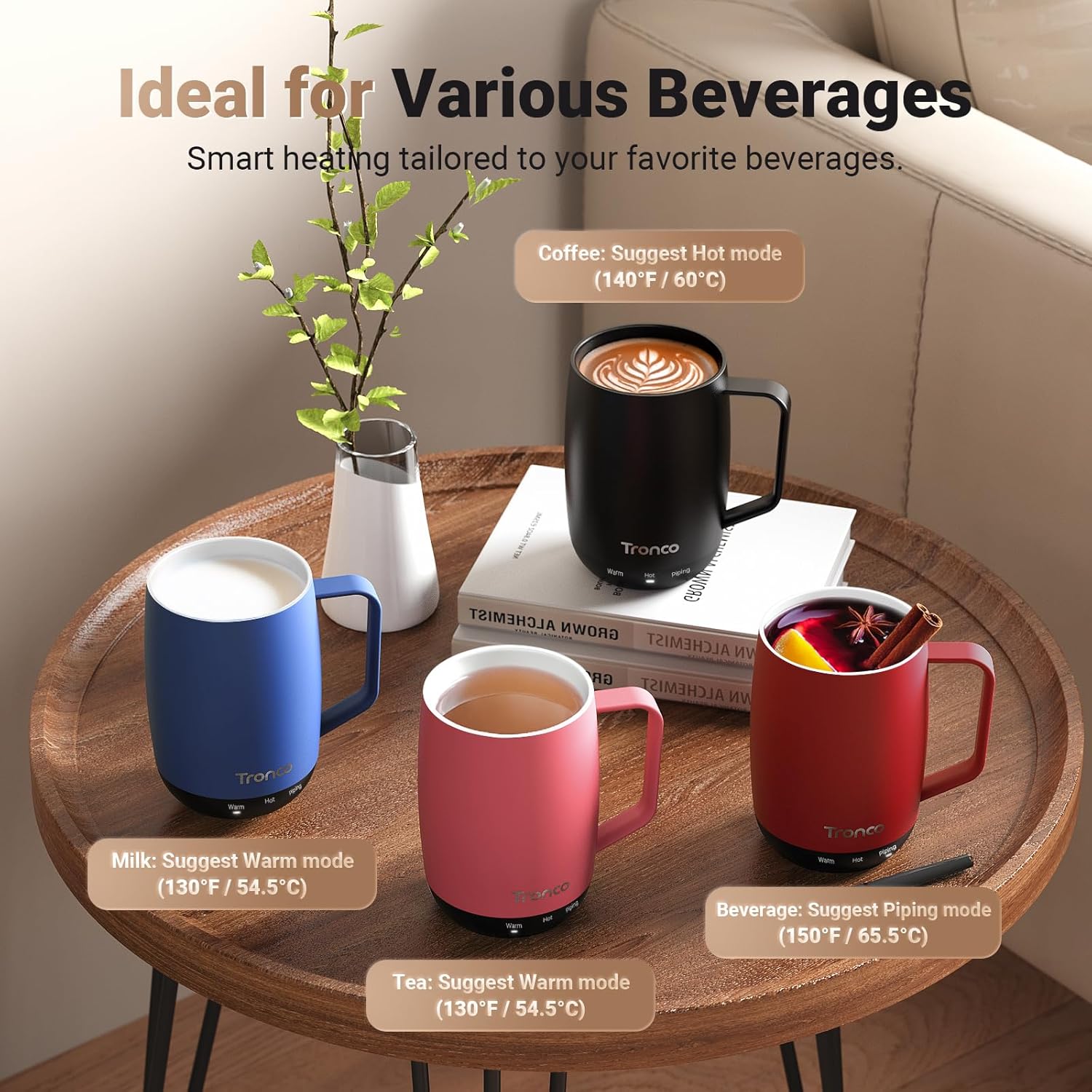 Tronco Temperature Control Heated Coffee Mug 14 oz – Rechargeable Self-Heating Smart Mug with Lid – Manual Control, 3 Modes, 130 Min Battery Life, Auto Shut-Off (Crimson)