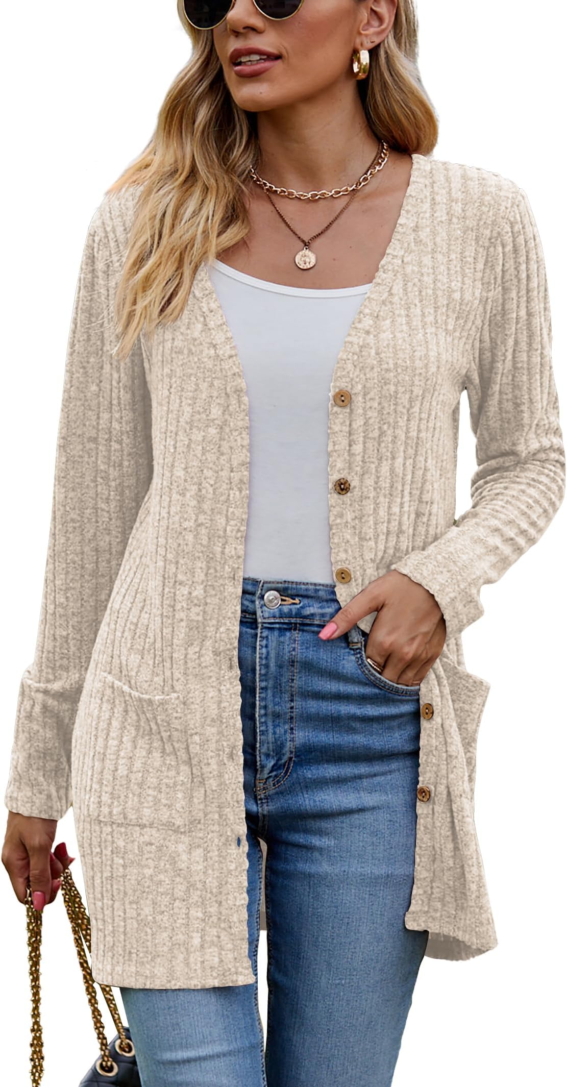 Women's Long Sleeve Open Front Cardigans, Button Down V Neck Lightweight Outwear Jumpers with Pockets, Solid Rayon Polyester Spandex, S-XXL, Beige/Black/Blue/Army Green/Khaki/Red/Wine