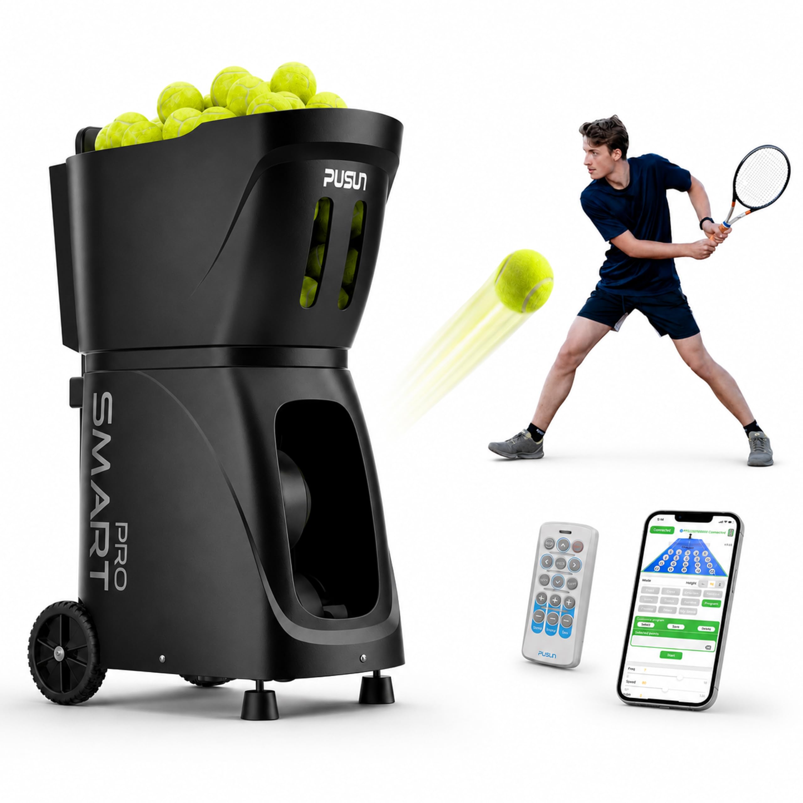 PUSUN PT-SMART Pro Tennis- & Padel-Ballmaschine mit App-Steuerung & Fernbedienung, automatische Ballwurfmaschine mit 28/20 Landepunkten, 26 Trainingsmodi, Topspin/Backspin, 115+ Bälle, 4–6 Std. Akku
