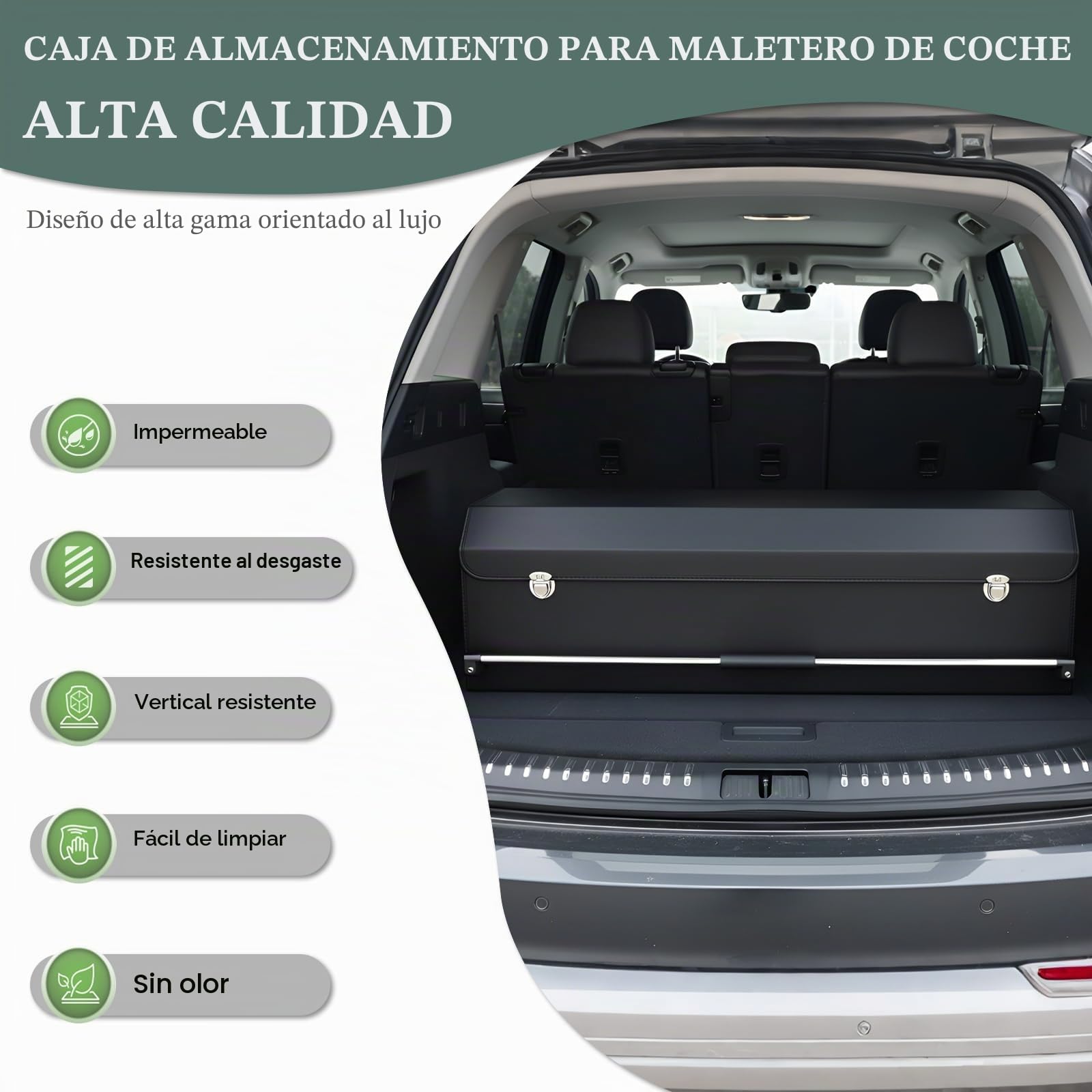 Organizador de Maletero con Tapa – Piel NAPPA Premium, Asa Deslizante Portátil & Caja de Almacenamiento Estable Universal para Coche y SUV (Negro, 103 x 29 x 31 cm)