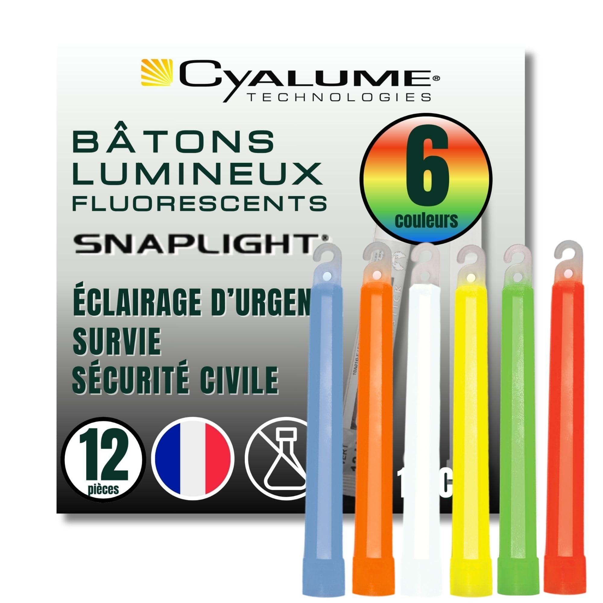 Cyalume SnapLight - Confezione da 12 (2 bastoncini di 6 colori, colore: verde, giallo, rosso, arancione, blu bianco), 15 cm, bastone luminoso luminoso a forma di glow stick fluorescente, durata 8 e 12