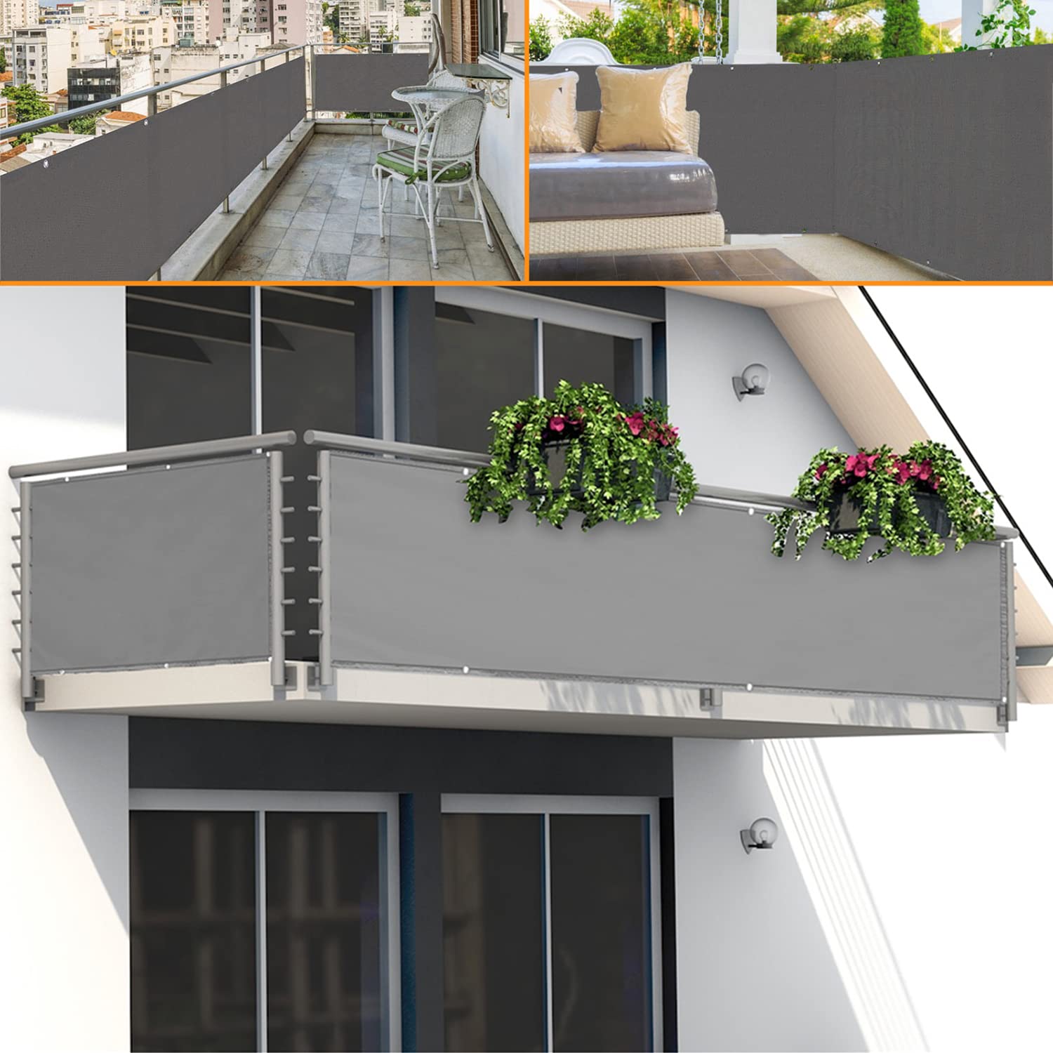 Osłona balkonowa, ochrona przed wiatrem i promieniowaniem UV, z akcesoriami montażowymi, na balustradę balkonu, taras, do ogrodu, kolor jasnoszary, 100 x 850 cm