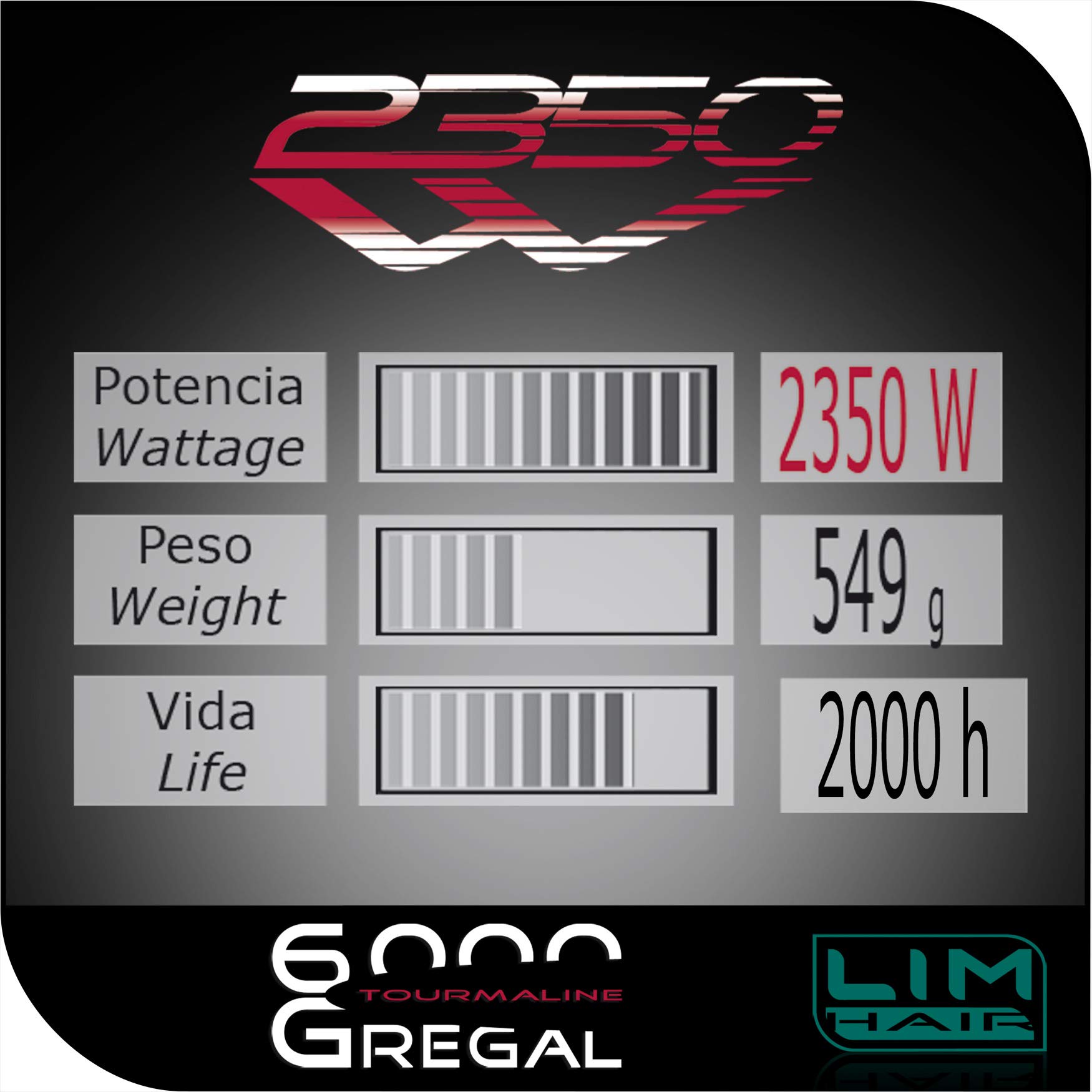 Secador de cabello LIM HAIR GREGAL 6000. Made in Spain. Alta potencia 2350 W. Profesional para salón peluquería. Mango reducidas dimensiones. Doble boquilla