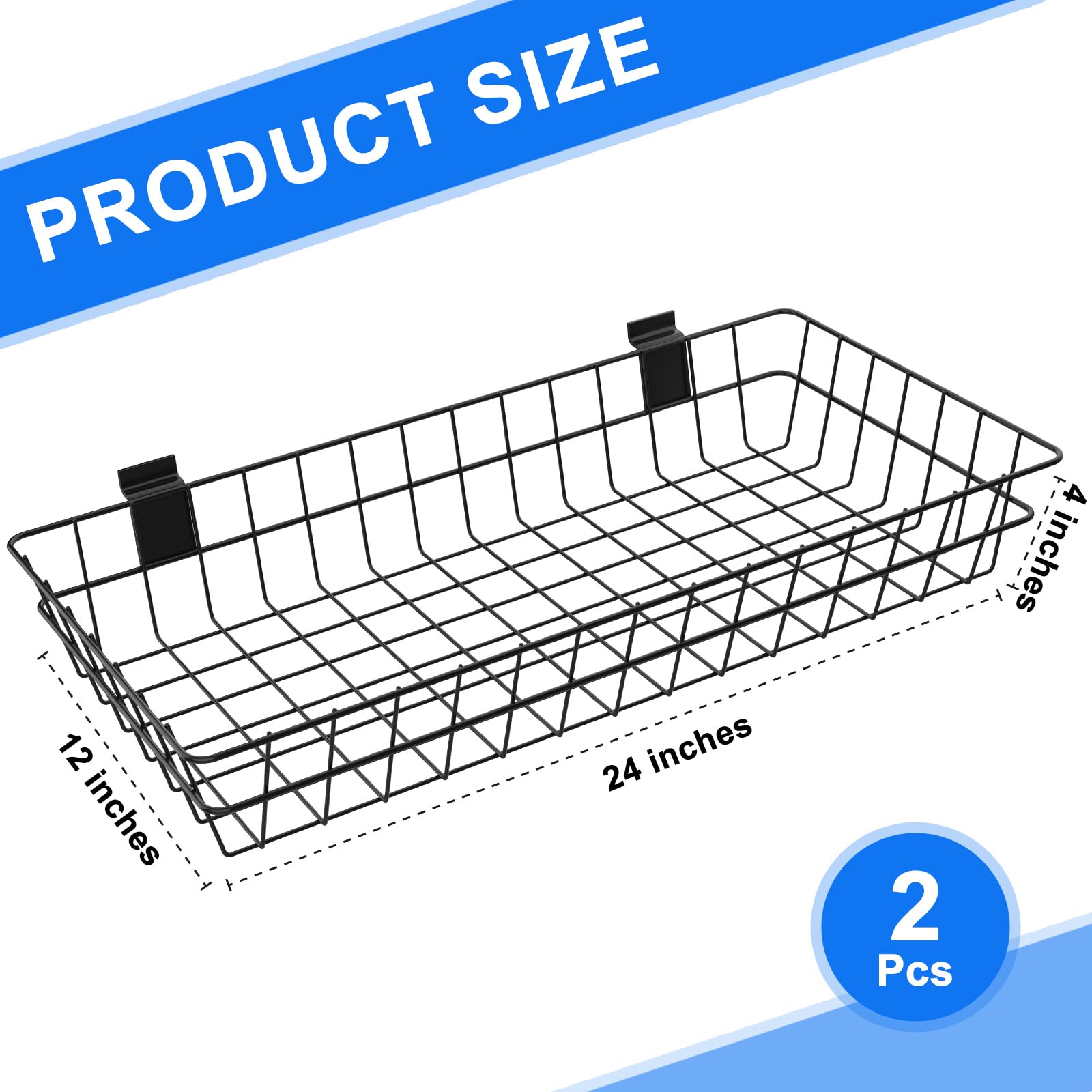 Slatwall 2 Pack Großer Korb, 61 x 30 x 10 cm, Drahtkorb zum Aufhängen an PVC-Platte, Slatwall, belüftete Lamellenwand, Metalllamellen, Küche, Heimbedarf (2, 61 x 30,5 x 10,2 cm)