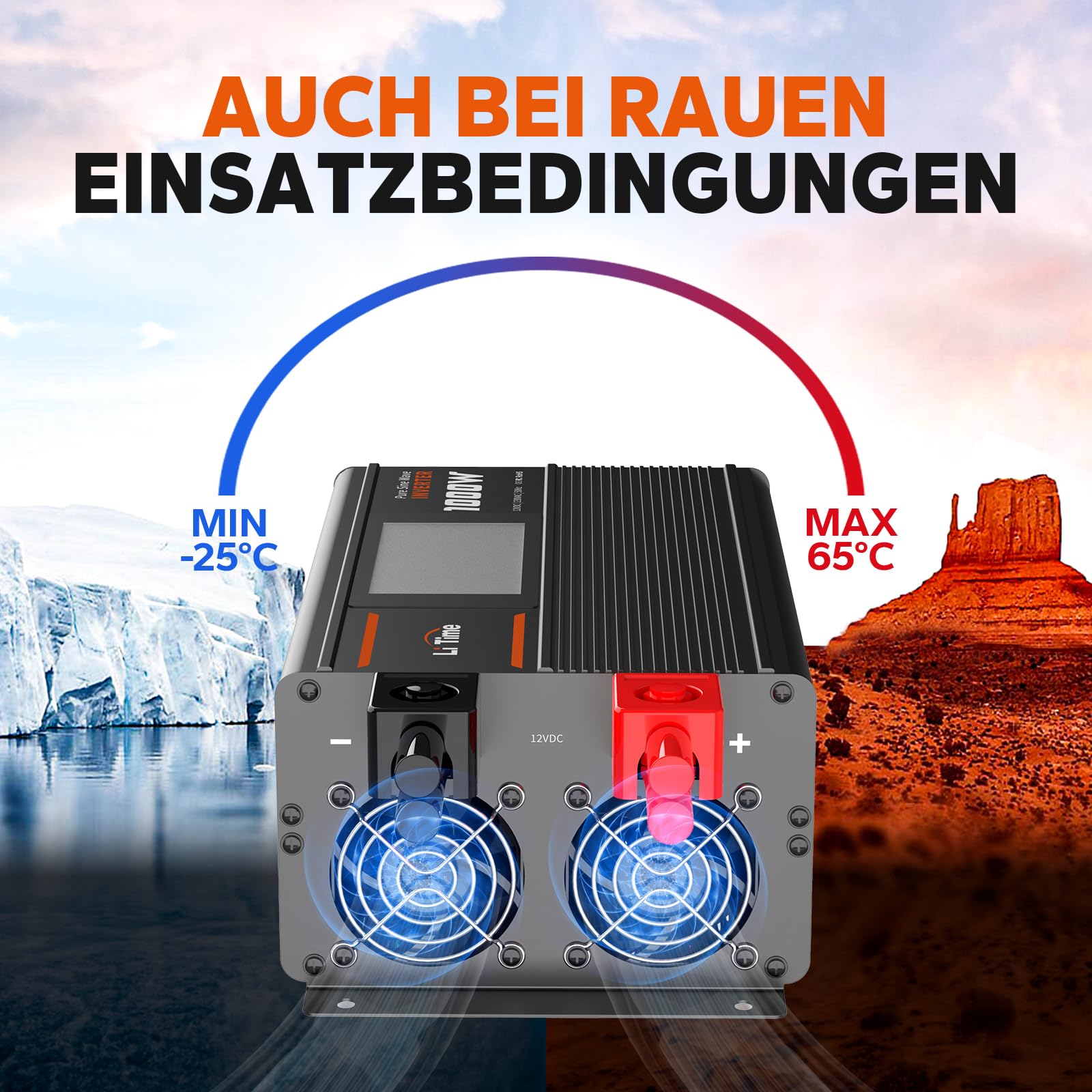 LiTime 1000 W Inverter Sinsus Pure 12 V DC a 230 V AC Convertitore per Camping-Car, Camping, Inverter Solare con 2 uscite AC, Display di Sorveglianza con Visualizzazione dello stato in tempo reale
