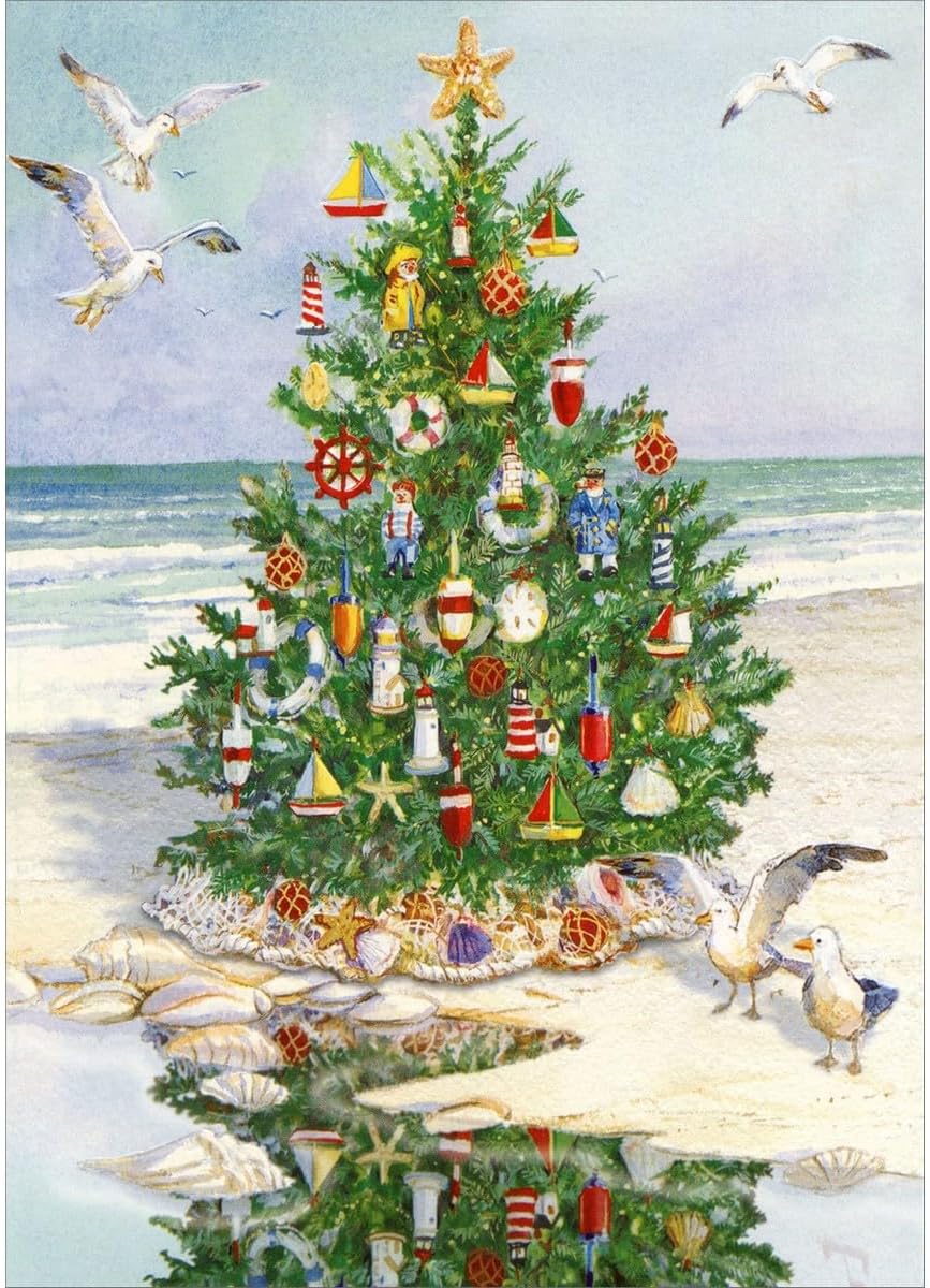Designer Greetings Red Farm Studios Tree with Shell and Nautical Decorations on Beach Box of 15 Coastal Christmas Cards