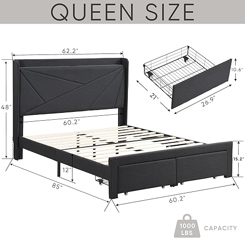 Miniatura 2 de HAUSHECK Base de cama Queen con cabecera de ala, estante de almacenamiento y cajones y puertos USB, marco de cama tapizado con plataforma tapizada,