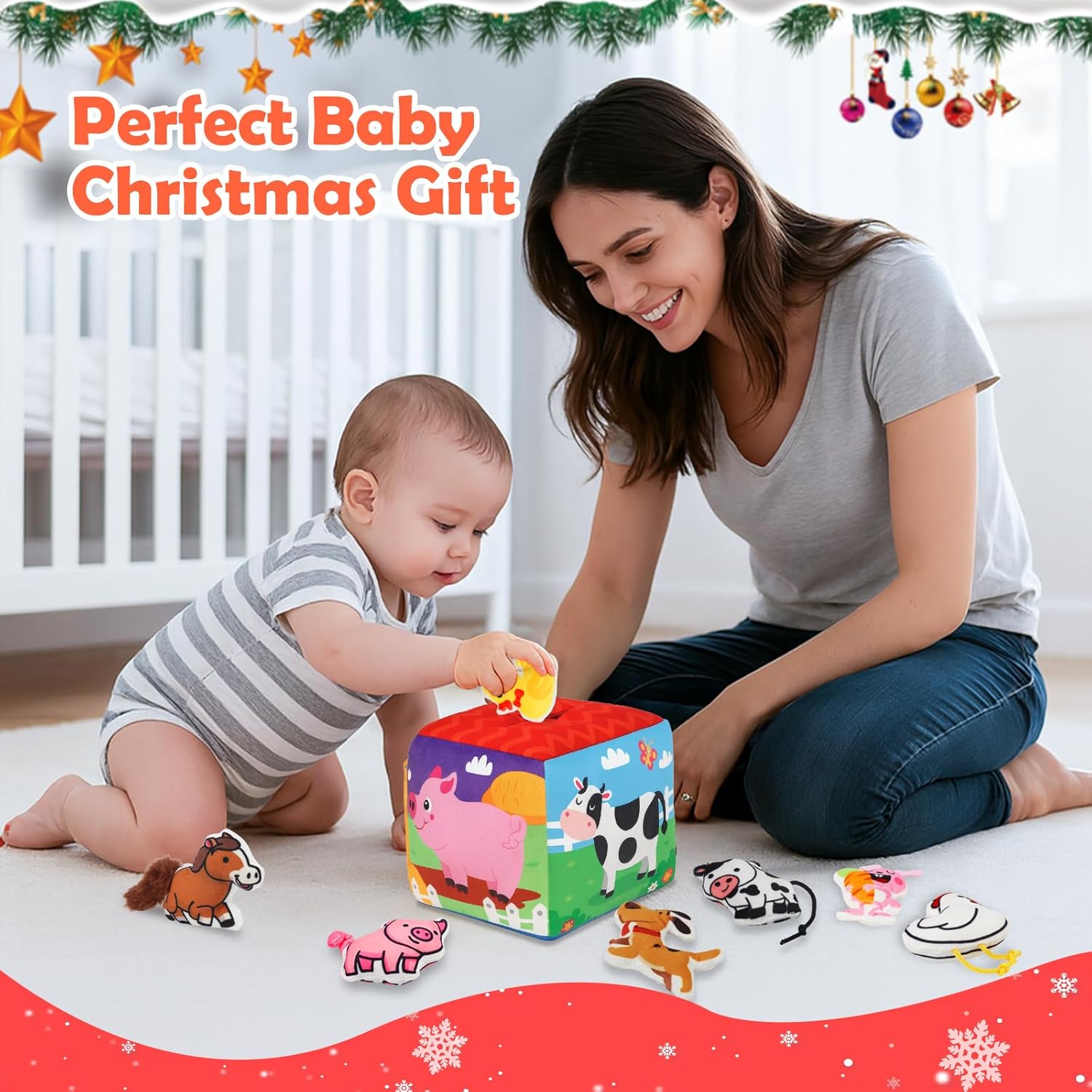 Avesa Baby Toys 6-12 Months - Soft Sensory Box Infant Toy with Stuffed Animals, Rattle, Crinkle Paper, Mirror - 6 Month Old Must Haves Boy Girl Babies Birthday for 1 Year Old Learning Toys