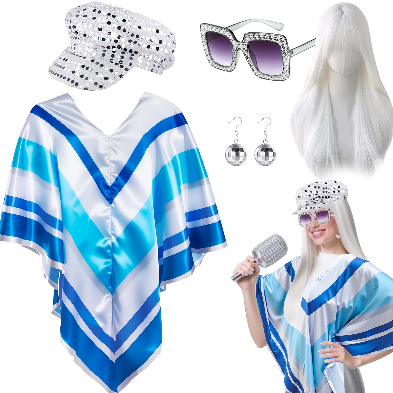 Kyndara 5Pcs Abba Fancy Dress Costume for Women 1970s Disco Accessories Set including Disco Poncho Hat Wig Earrings Glasses for Adults Retro 70 Theme Party Dance (Sliver)