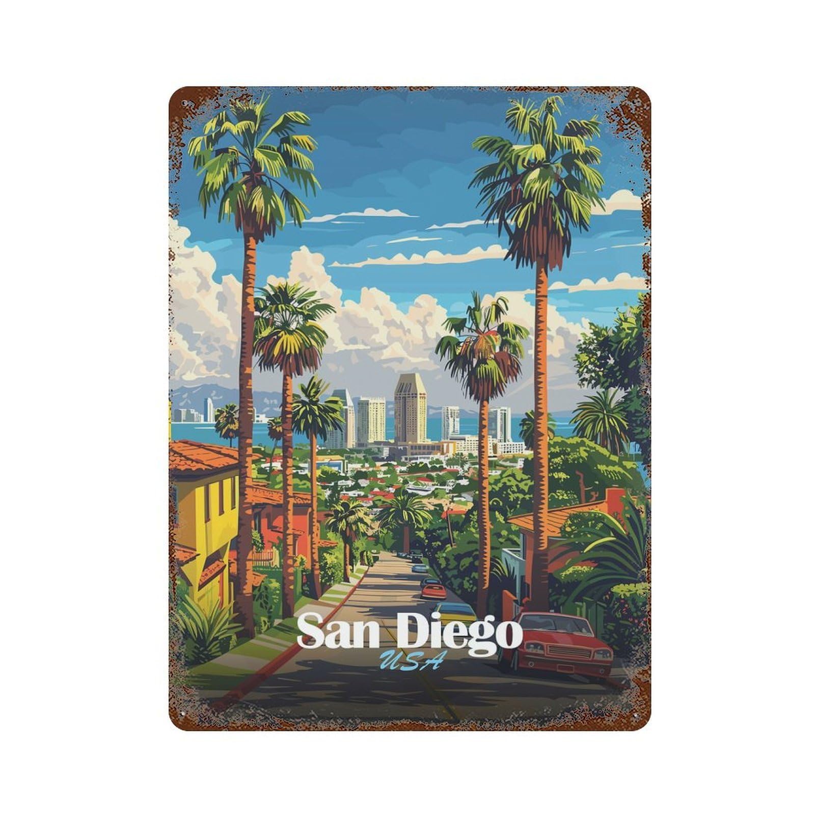 Decorative Tin Sign with San Diego Cityscape Design 15.7"x11.8", for Garage, Bar And Workshop Decor, Decorative Metal Wall Art