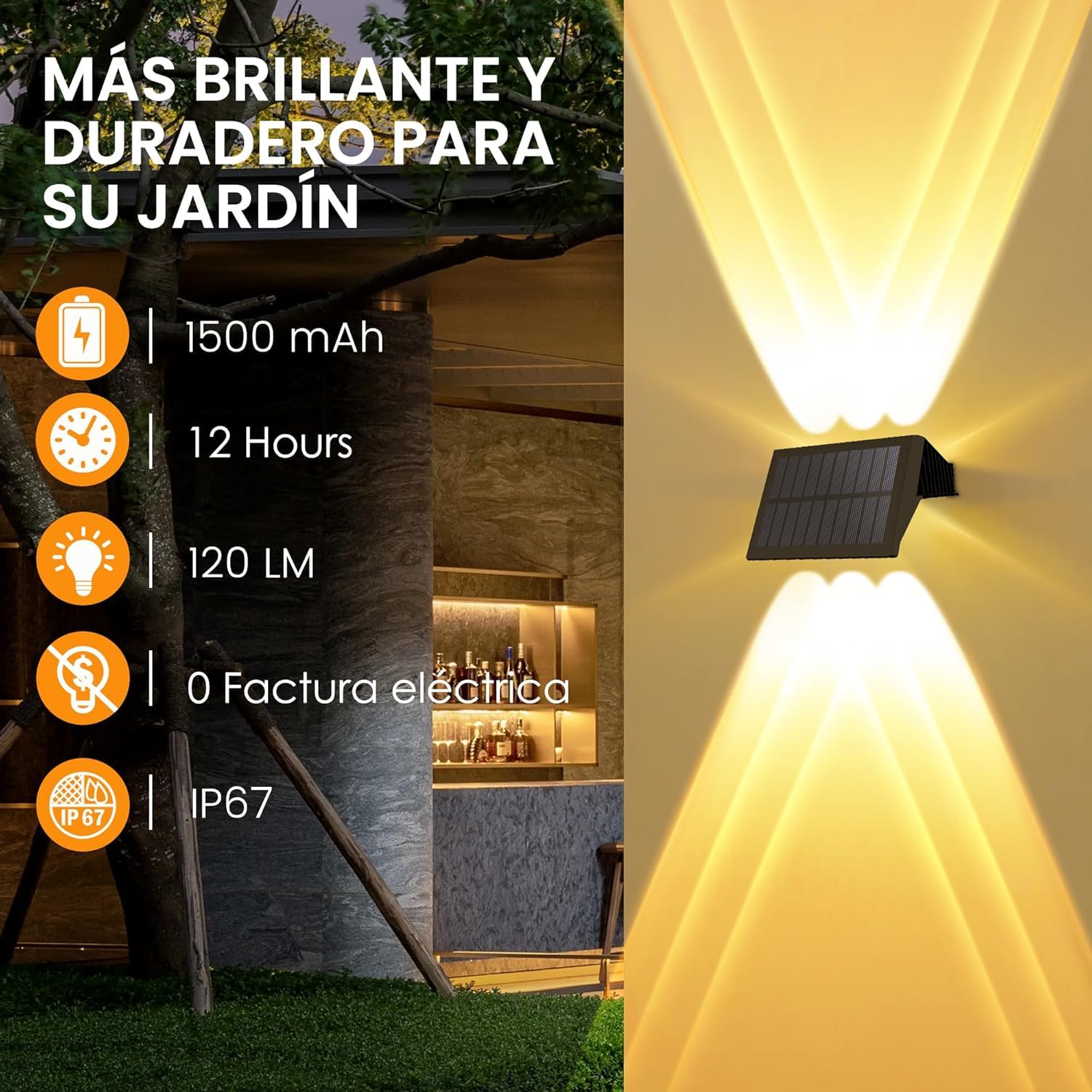 Aplique solar exterior, luces solares exterior para iluminación superior e inferior 6 LEDs, IP67 impermeable para jardín balcón Terraza luz solar exterior, blanco cálido Pack de 6 Unidades