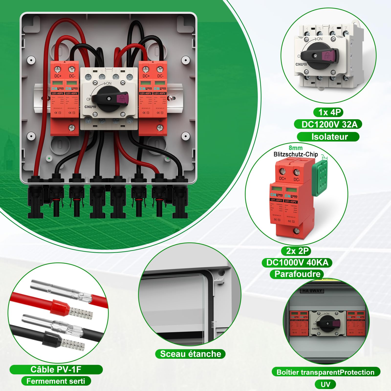 Boîtes de Protection contre la foudre DC1000V 32 Amps 2 Entrées 2 Sorties Isolateur Disjoncteur et Parafoudre, IP65 Boitier de Jonction Solaire Pour Les Panneaux Solaires Extérieurs