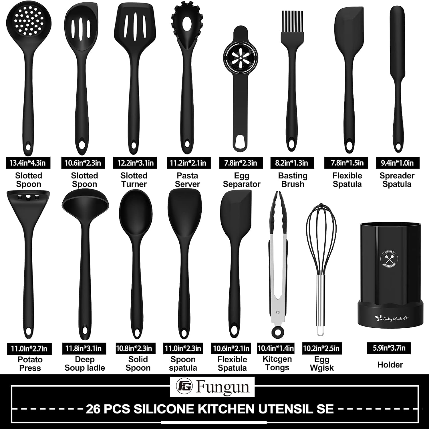 Silicone Cooking Utensils Kitchen Utensil Set-Fungun 26 Pcs 446°F Heat Resistant Tongs Spatula Spoon Kitchen Utensils Set with Holder, BPA Free Kitchen Gadgets Tool Set for Nonstick Cookware(Black) : Home & Kitchen