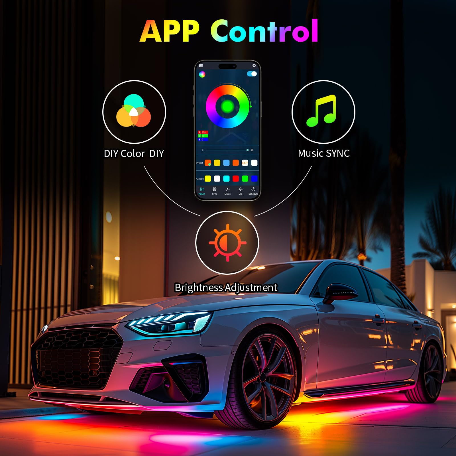 Car Underglow Neon Accent Strip Lights, 6PCS RGB LED Under Glow Light Kit for Car,Waterproof Exterior Car Light Strips for Van SUV Truck,with APP & RF Remote Control,DC 12V