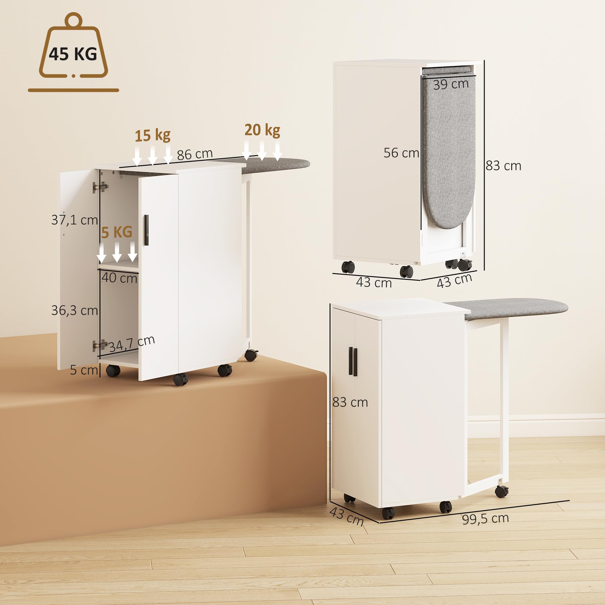 HOMCOM Faltbarer Bügelbrettschrank mit 2 Türen 99,5 x 43 x 83 cm Weiß | Verstellbare Regale, Klappbarer Bügeltisch, Rollen, Aufbewahrung, Soft-Close-Scharniere, für Waschküche