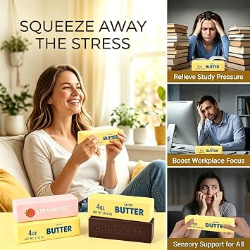 4Pcs Butter Squishy, Cheese Squishy Fidget Toys for Adults | Chocolate Strawberry Butter Stick Stress Balls Slow Rising Squishies Sensory Squeeze Toys for Home Office Desk Decor
