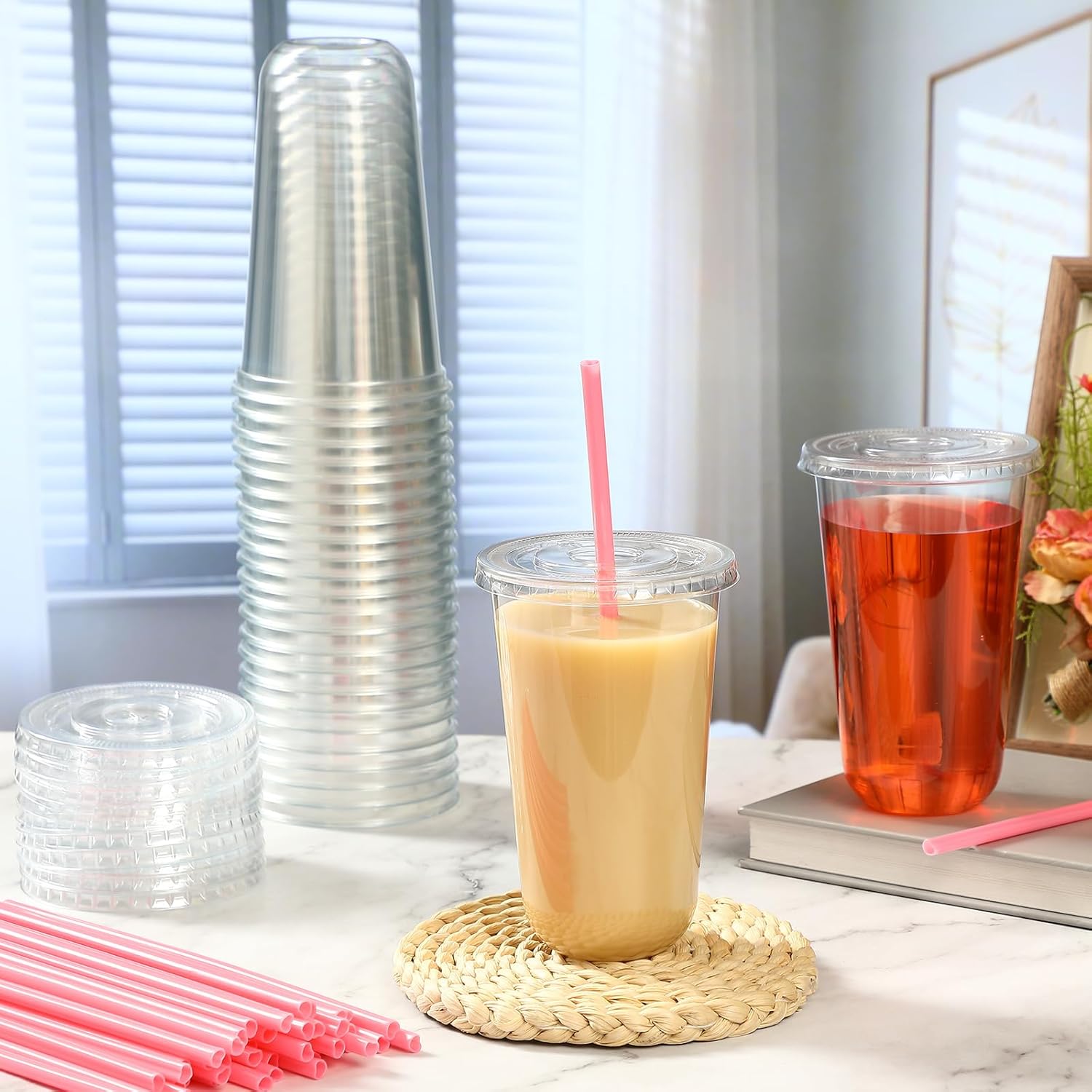 50 Sets Clear Plastic Cups with Heart Shaped Sts and Lids,