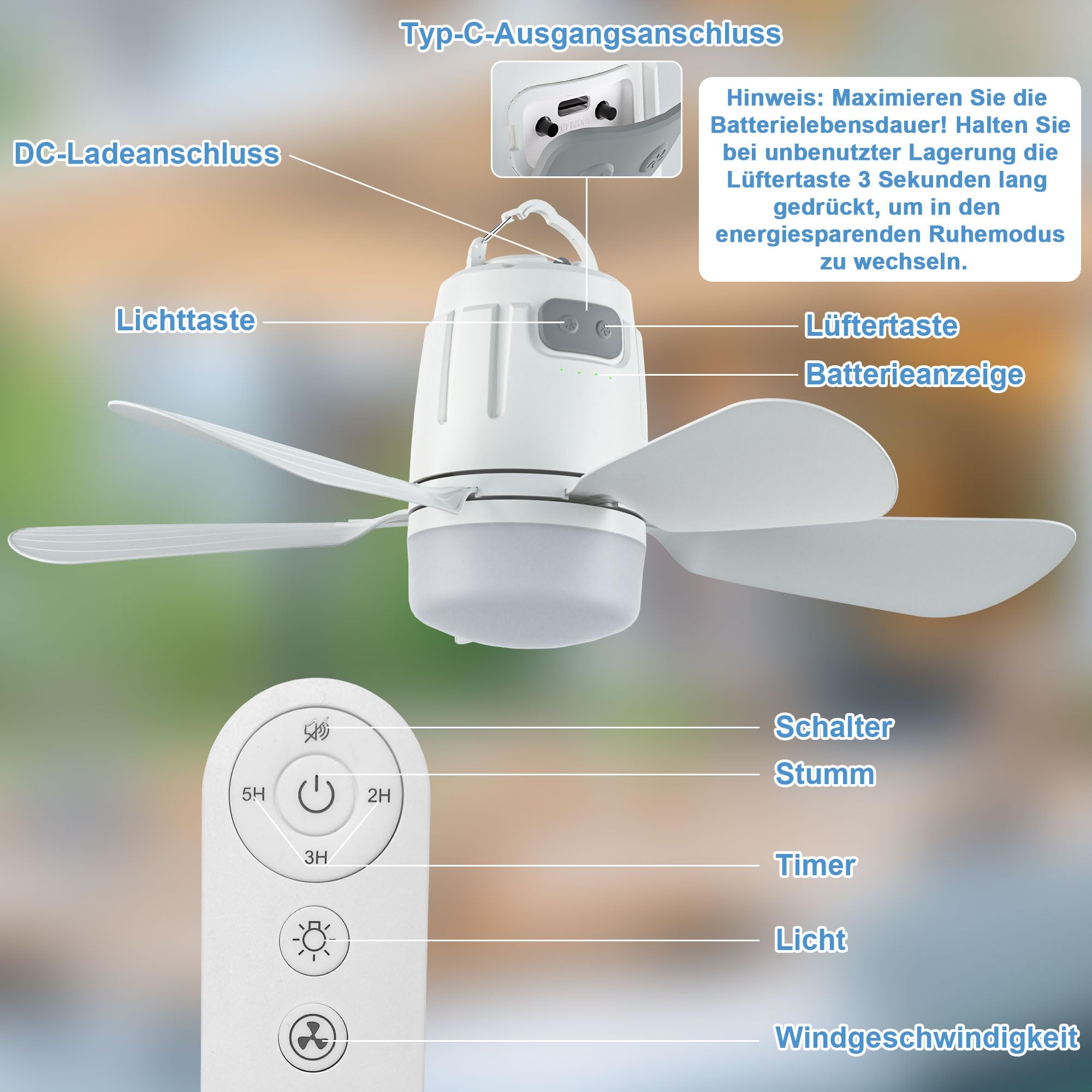 Gliztech Deckenventilator Outdoor 50CM, 20000mAh Camping Ventilator licht mit Akku, Mobiler Ventilator Lampe für Außenbereich, Haken und Fernbedienung, Pavillon, Terrasse, Zelt, Sonnenschirm