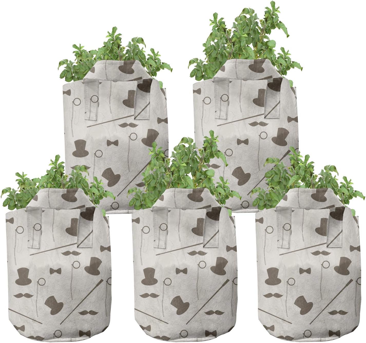 Lunarable Mustache Grow Bags 5-Pack, Silhouette Bowler Stick, Heavyduty Fabric Pots with Handles for Plants, 7 Gallon, Taupe and Eggshell