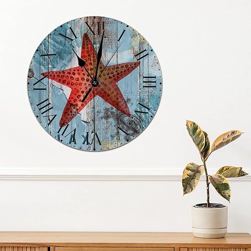 Miniatura 12 de ArogGeld Reloj de pared de PVC de mediados de siglo, concha, números de playa, estilo océano con números romanos de 10 pulgadas, funciona