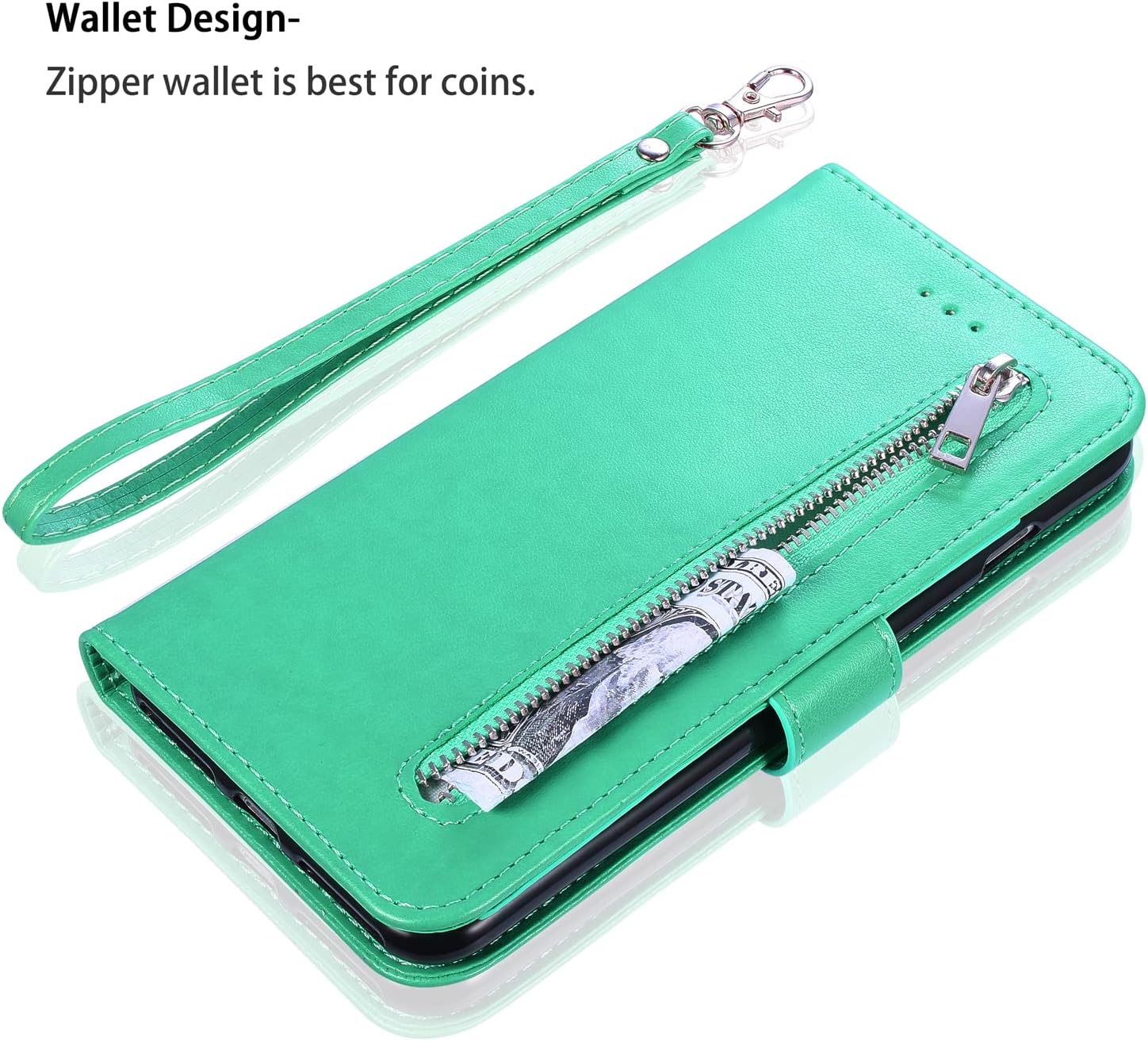 EYZUTAK Wallet Case for iPhone 8 Plus iPhone 7 Plus, 5 Card Slots Magnetic Closure Zipper Pocket Handbag PU Leather Flip Case Wrist Strap Kickstand Cover for iPhone 8 Plus iPhone 7 Plus - Mint Green