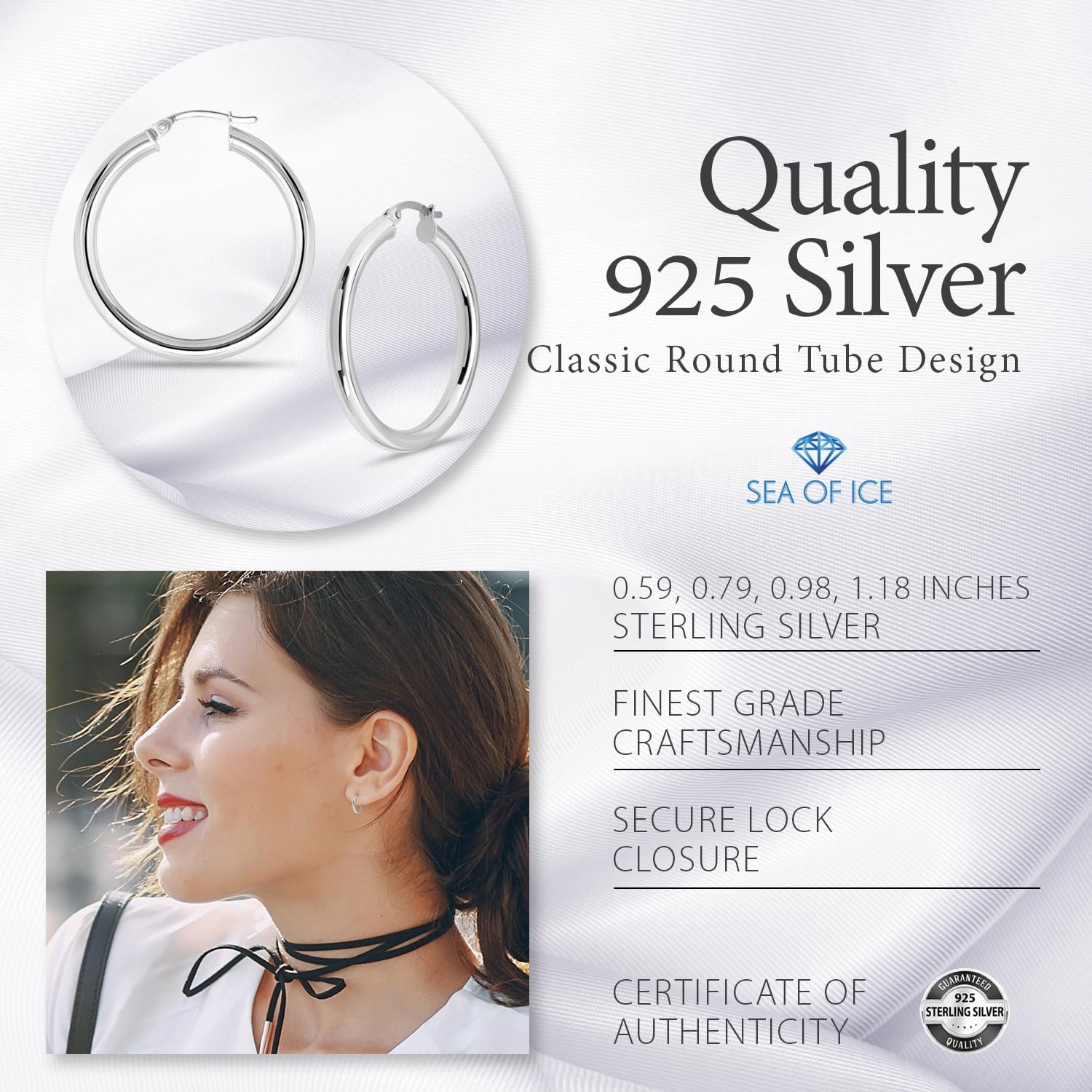 Sterling Silver Polished Finish Round-Tube Hoop Earrings 3mm Wide 15mm-30mm Diameter - Image 5