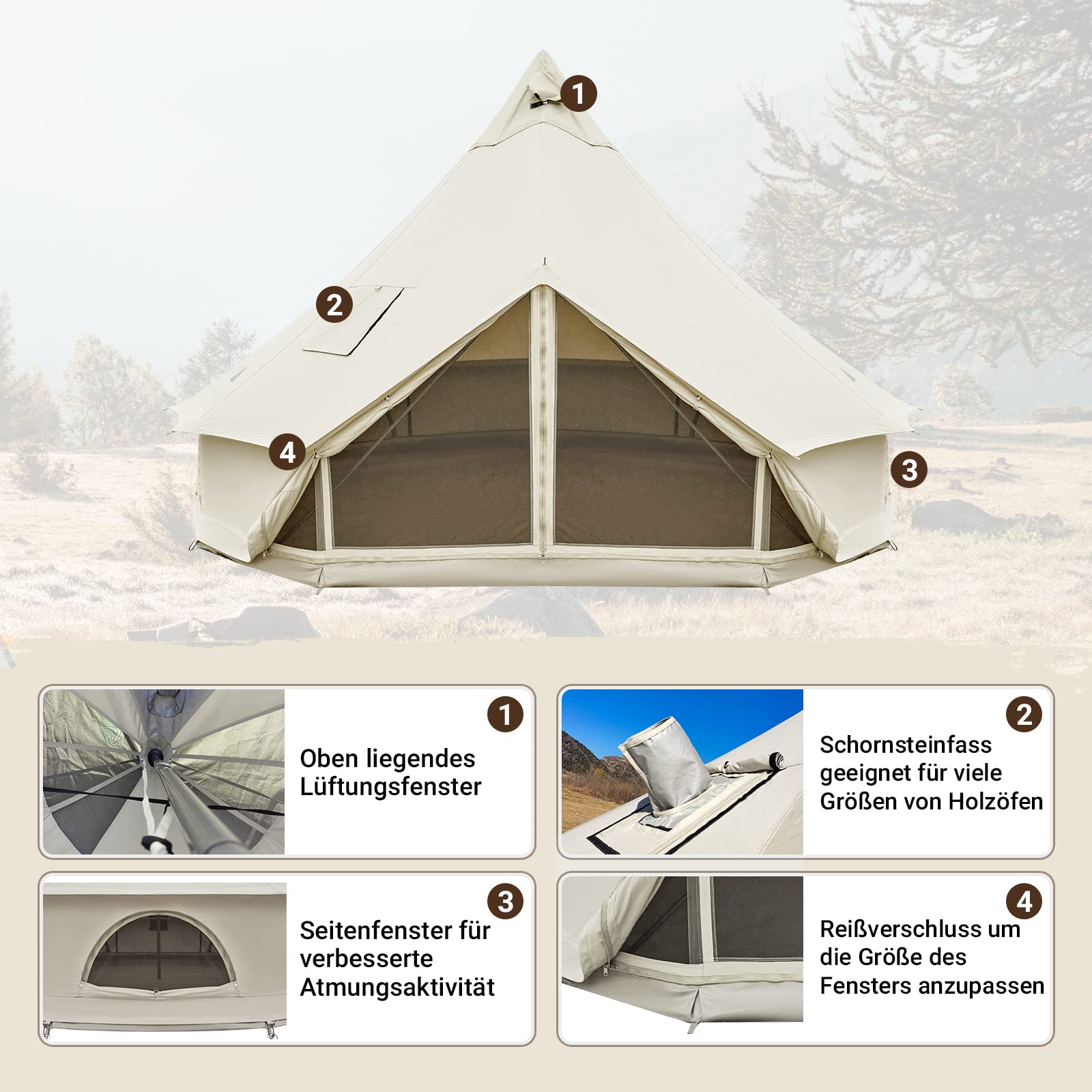 KingCamp Khan 4-5M Canvas Glockenzelt, 4-10 Personen 4-Jahreszeiten Glamping Jurte mit Ofenöffnung, 210g TC /280g C Atmungsaktives Wasserdichtes Campingzelt für Familien-Outdoor-Winterreisen, Khaki