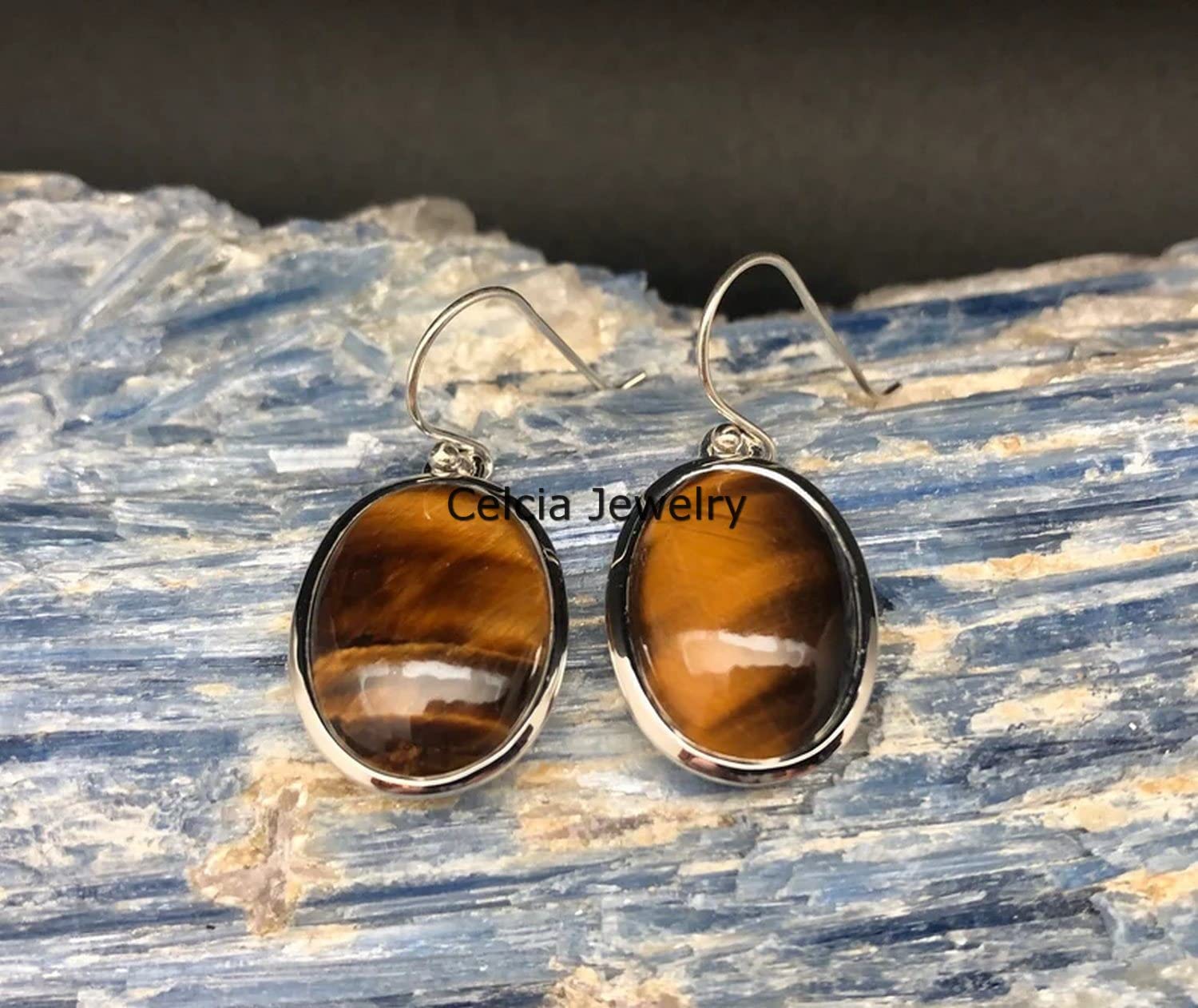 Pendientes colgantes de plata de ley 925 auténtica para mujer, cabujón de ojo de tigre Natural, piedras preciosas ovaladas, joyería hecha a mano única para ella