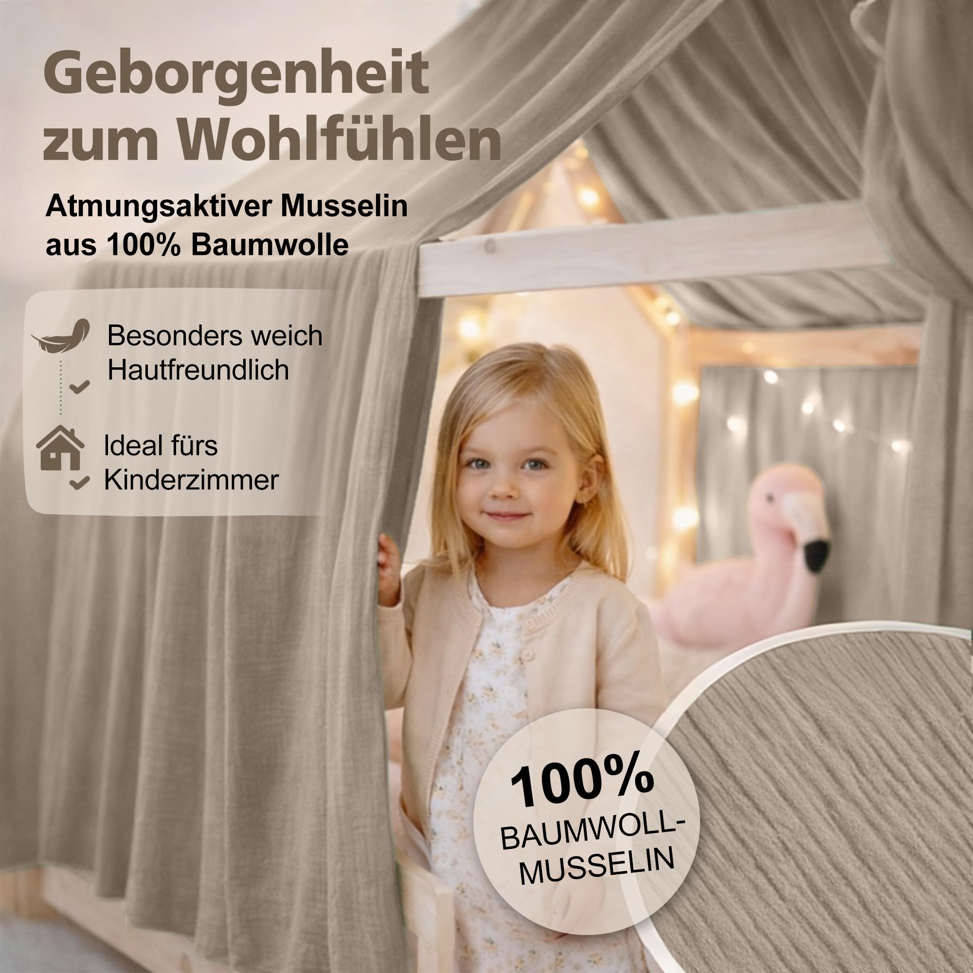 Hook Hausbett Himmel Deko Set, Betthimmel Hausbett aus Musselin - 1 Betthimmel & 1 Wimpelkette, für Jungen Mädchen Deko für Kinderzimmer, Baldachin Kinderzimmer Deko I 135 x 360cm Hellbeige