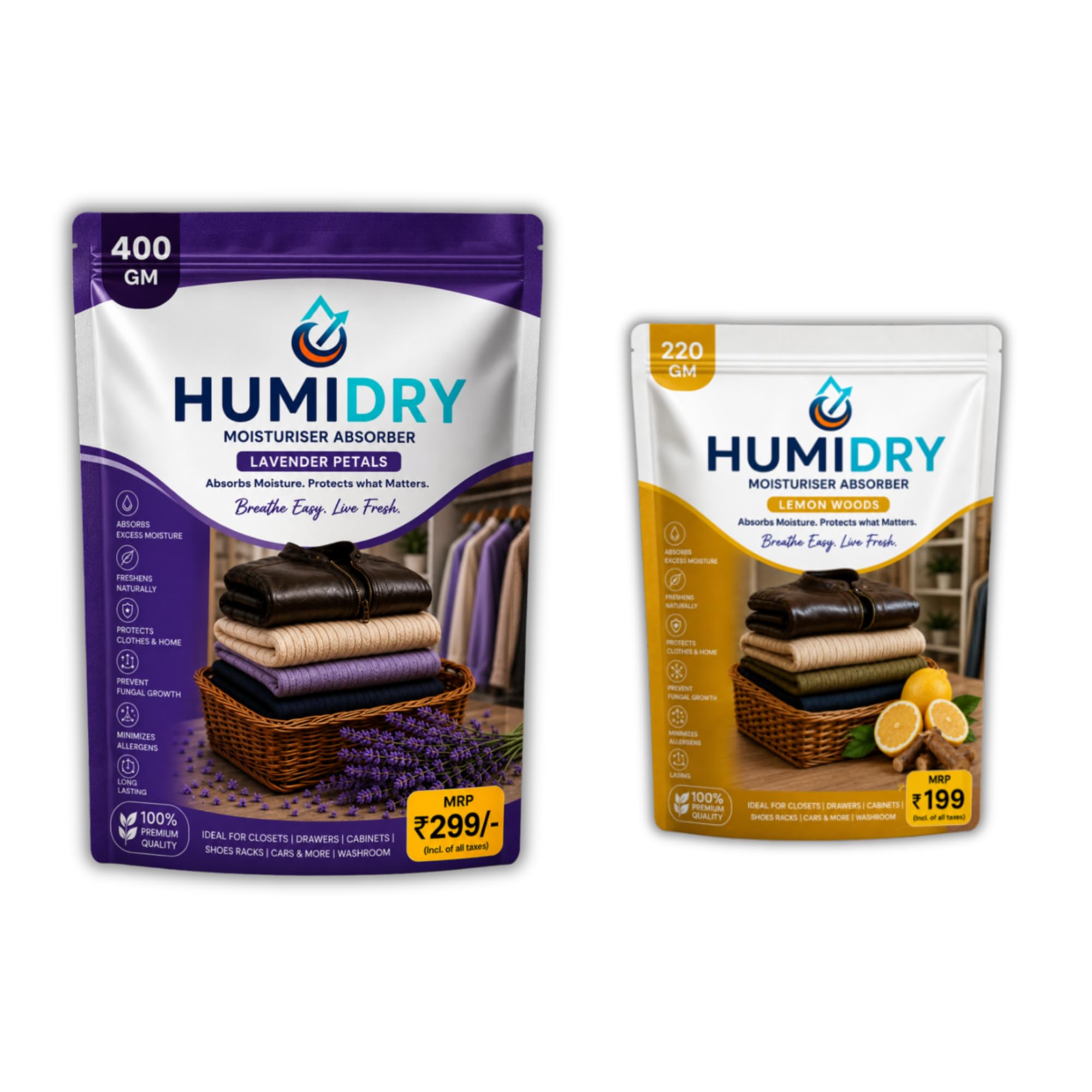 Moisture Absorber Combo Pack of 2 (Lavender Petals 400g & Lemon Woods 220g)| Dehumidifier for Wardrobe, Closet, Cabinet, Drawer, Shoe Rack, Bathroom & Car-image-42