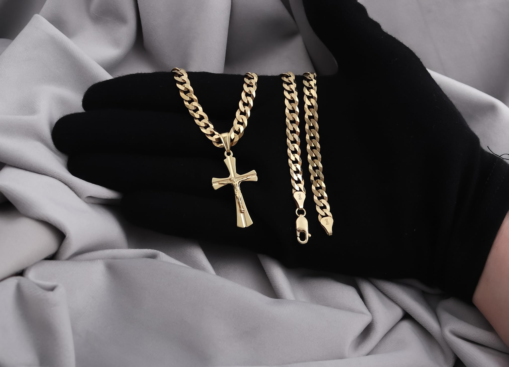 AMAR goldketten herren kreuz 585, Kette Herren 925/585 - goldkette 585 massiv Kreuzkette - Halskette, dicke 6,5 mm Panzerung, vergoldetes Silber
