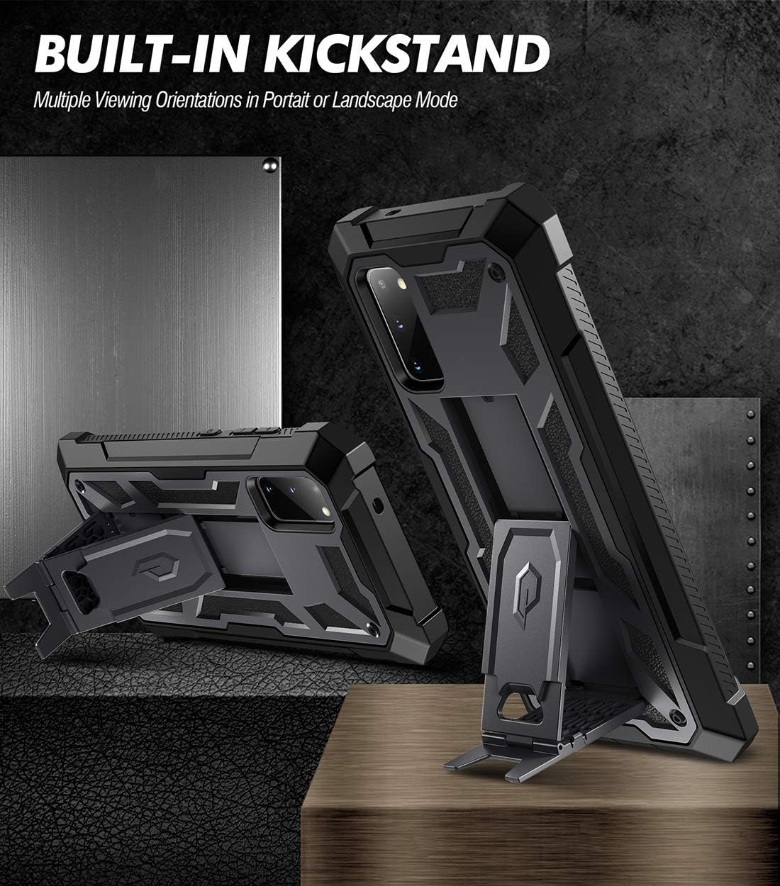 Poetic Spartan Series Designed for Samsung Galaxy S20 Case, Full-Body Rugged Dual-Layer Metallic Color Accent Premium Leather Texture Shockproof Protective Cover with Kickstand, Metallic Gun Metal