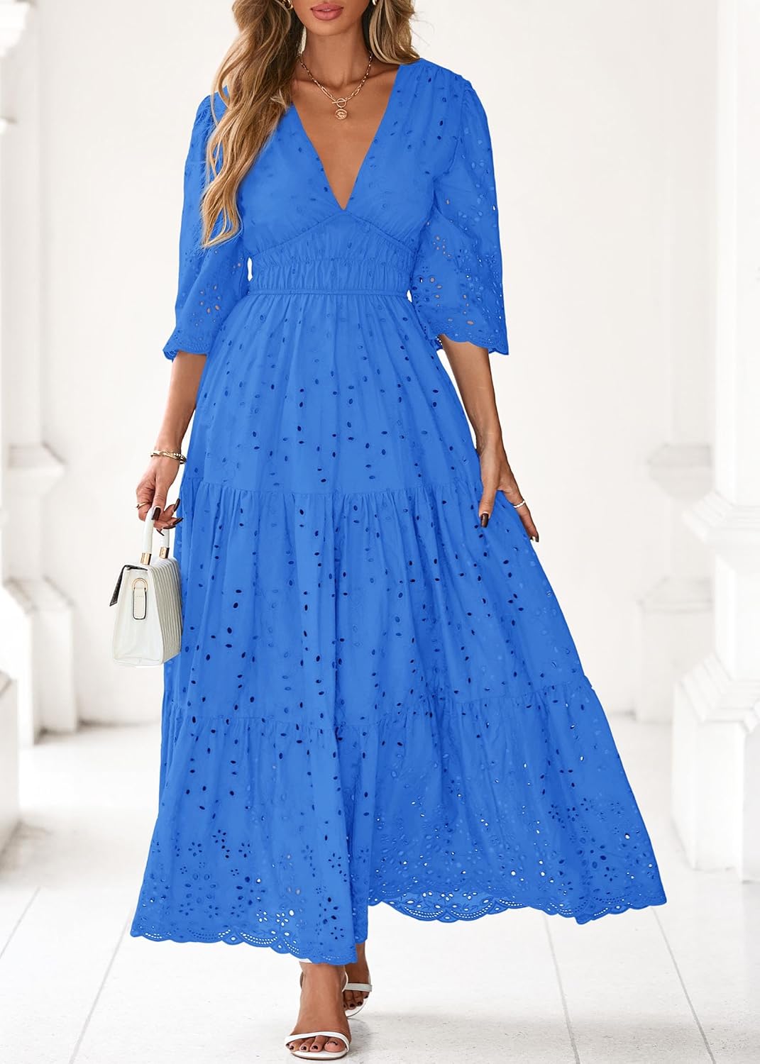 Lazysmile Long Sleeve Dresses for Women V Neck Hollow Out Eyelet Ruffle Swing A-Line Fall Vacation Boho Maxi Dress - Image 4