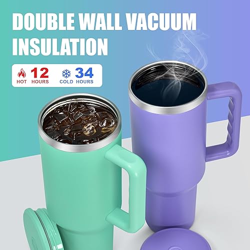 Miniatura 2 de FECBK Vaso de 40 onzas con asa y popote que se mantiene frío durante 34 horas, a prueba de fugas, doble pared aislada al vacío, taza de viaje grande