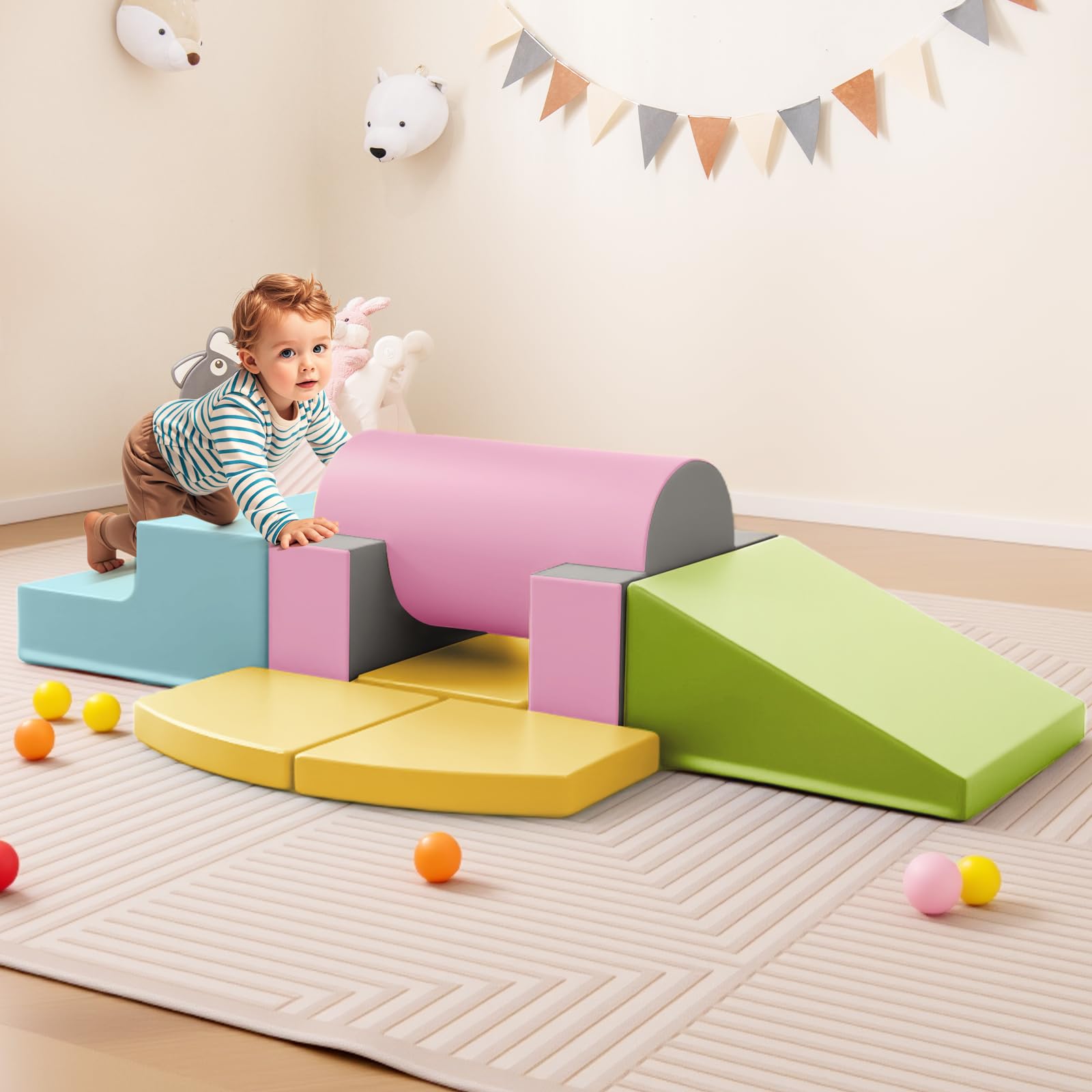 COSTWAY 10 TLG. Schaumstoff Bausteine, Softbausteine weich zum Klettern & Rutschen, Riesenbausteine aus PU, Großbausteine Kletterblöcke Indoor für Kinder ab 1 Jahr (Macaron)