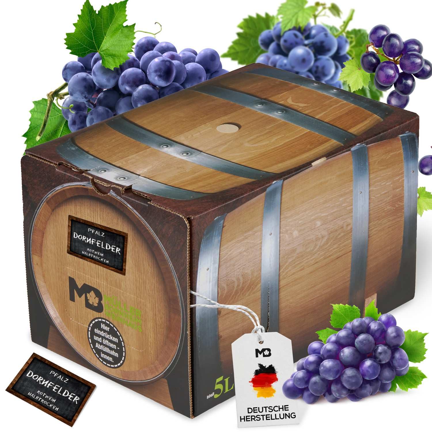 Weinhaus Müller Bornheim Dornfelder Halbtrocken Bag in Box 5L Pfalz | Zapfhahn inklusive – 6 Wochen frisch, bruchsicher, kein Tropfen geht verloren, einfach lagern