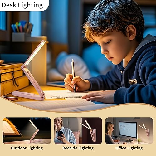 Miniatura 7 de Lámpara de escritorio LED plegable y ajustable, luz portátil de doble cabezal con atenuación continua y 3 modos de color para mesita de noche,