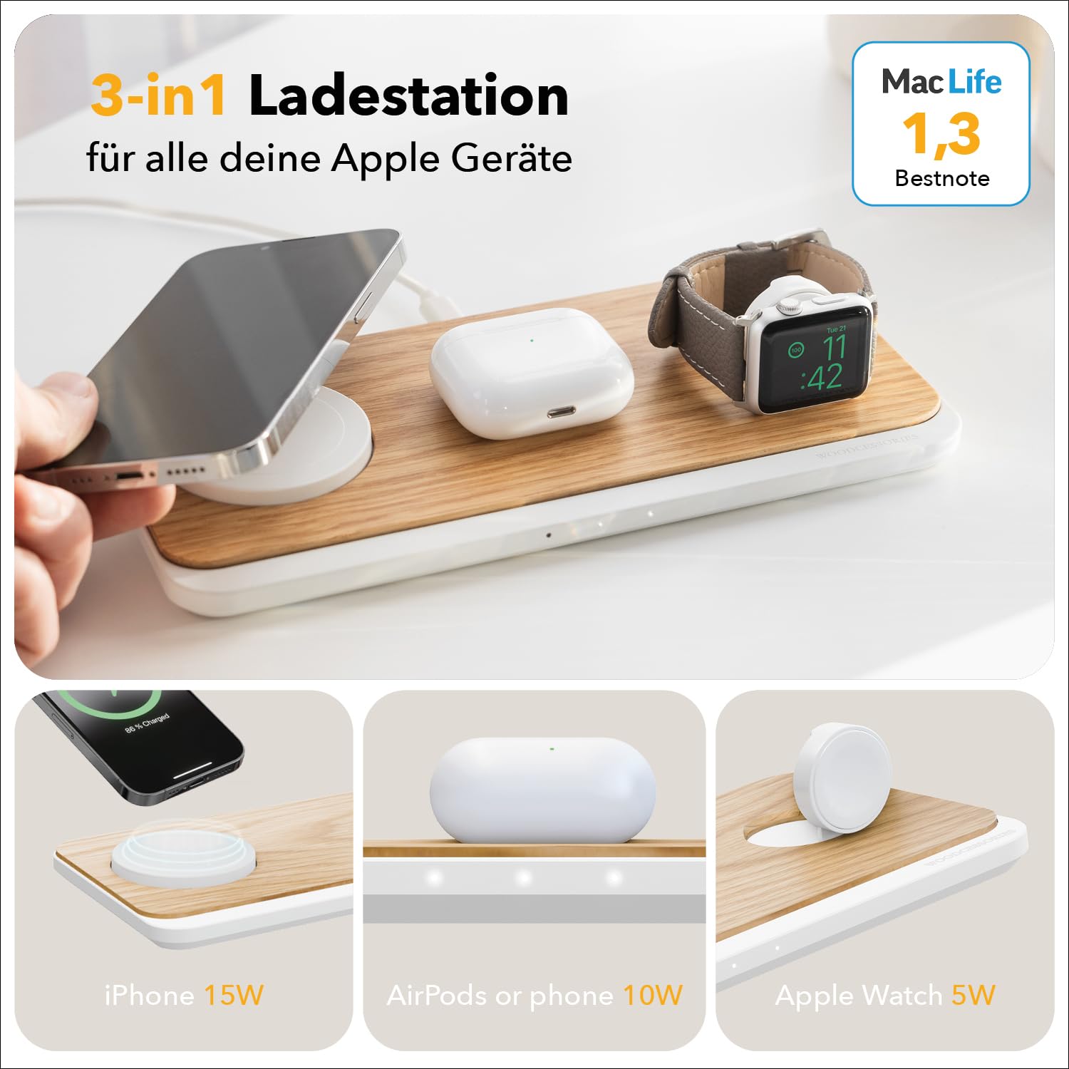 Woodcessories Multibase Pro - Estación de carga 3 en 1 de madera, cargador Magsafe, cargador inalámbrico compatible con iPhone, Apple Watch, Air Pods + adaptador de potencia de 45 W, roble