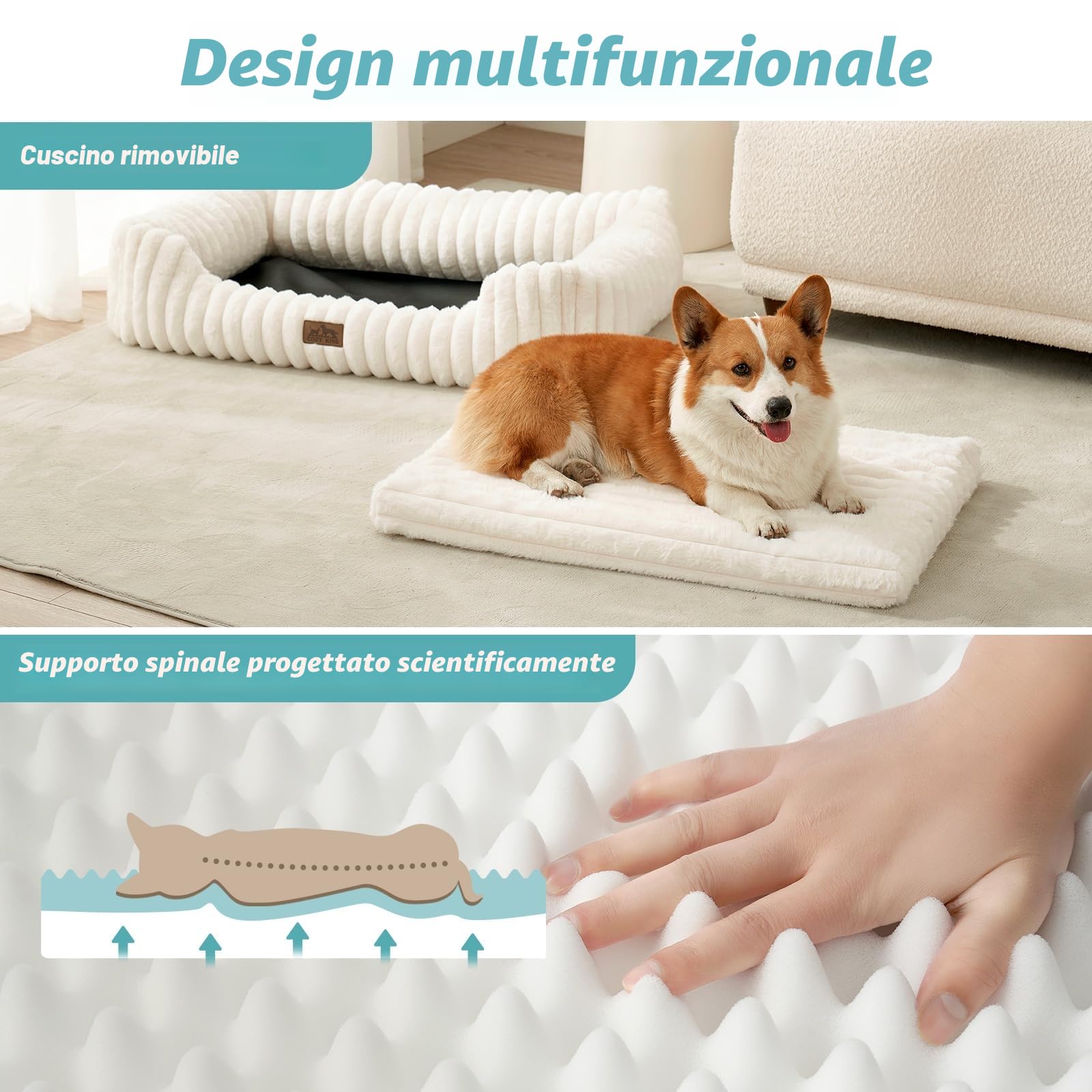 COZY KISS Cuccia Ortopedica Lavabile per Cane, per Cani Piccoli e Medi, Letto Morbido in Pelliccia Sintetica, Divano per Animali con Bordo Alto, Morbido, Antiscivolo, 76x58x18cm, Beige