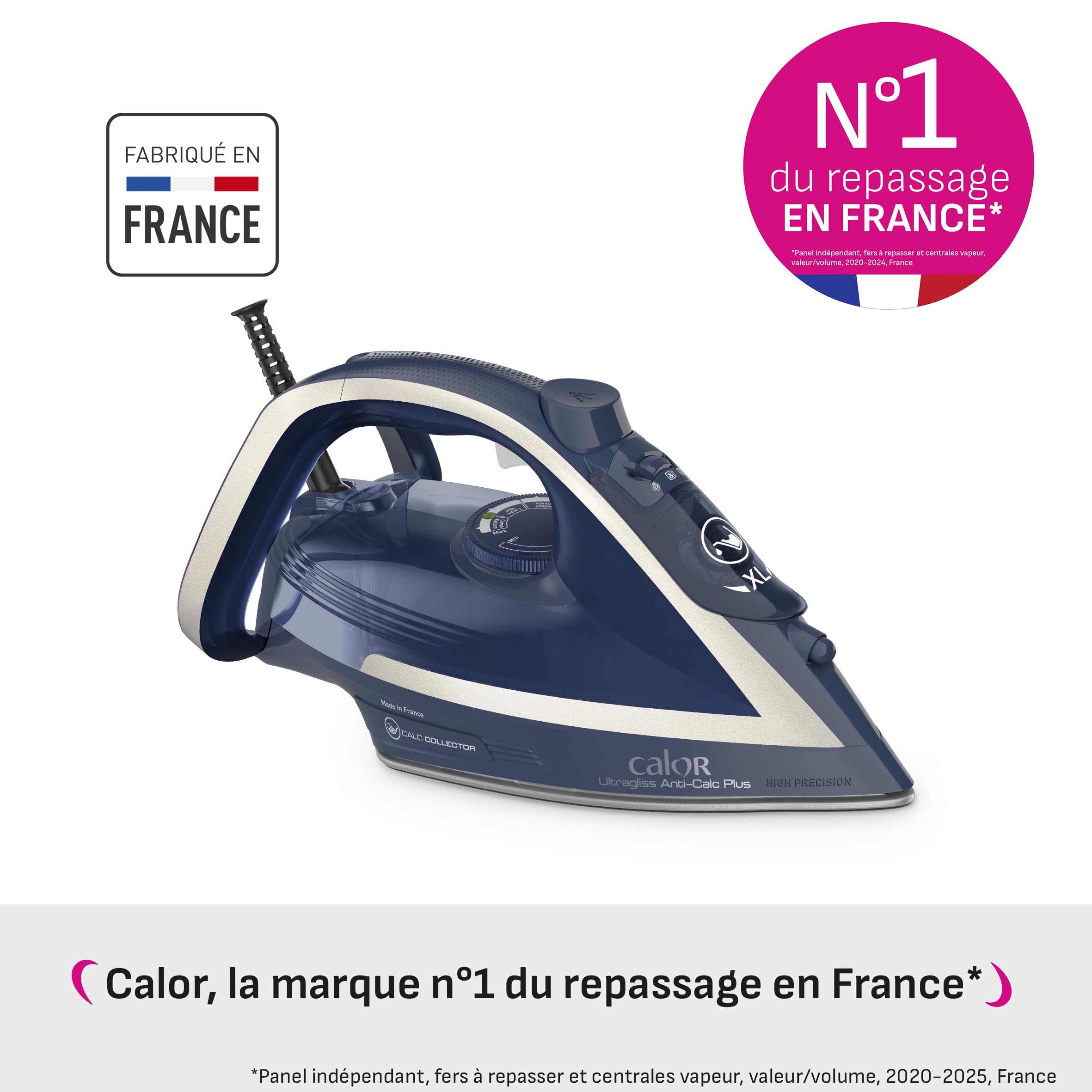 Calor Fer à repasser vapeur, 2800 W, Débit vapeur continu 50 g/min, Fonction pressing 250 g/min, Système anticalcaire, Mode éco, Ultragliss Anti-Calc Plus FV6830C0