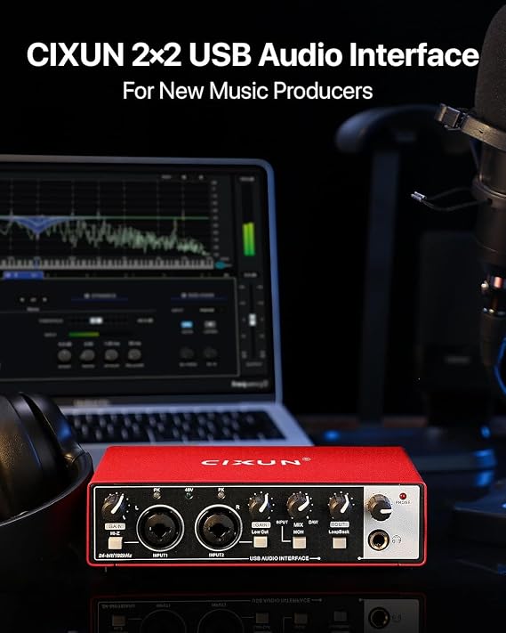2x2 USB-C Audio Interface for PC/Mac Recording, 24-bit/192kHz, Dual TS/XLR Inputs, +48V Phantom Power, Studio/Podcast/Streaming(Matte Red)