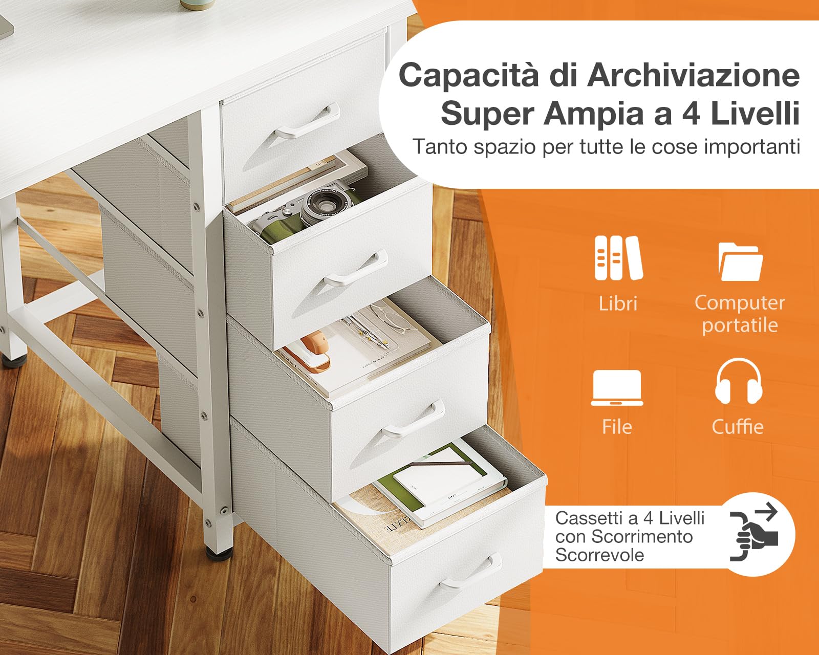 Coleshome Scrivania con 4 Cassetti Reversibile Scaffali 100x40cm | 4 cassetti in tessuto, design reversibile a L, perfetta per casa, ufficio e studio, design salvaspazio, Bianco