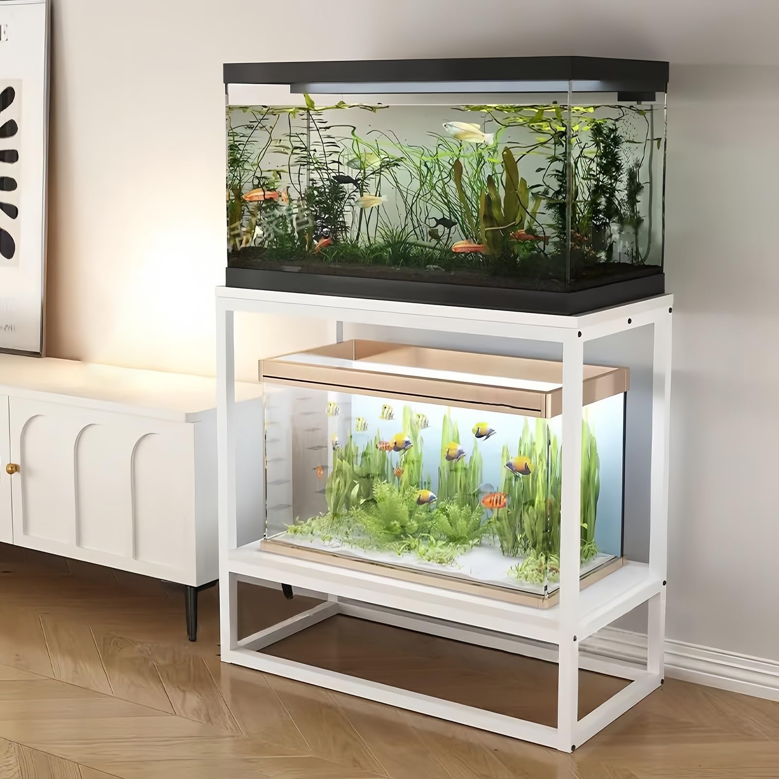 Supporto per Acquario in Metallo a 2 Livelli per impieghi gravosi - Robusto Supporto per acquari di Grandi Dimensioni, Eleganti Ripiani per la casa e L'Ufficio, Finitura Bianca, Perfetto per