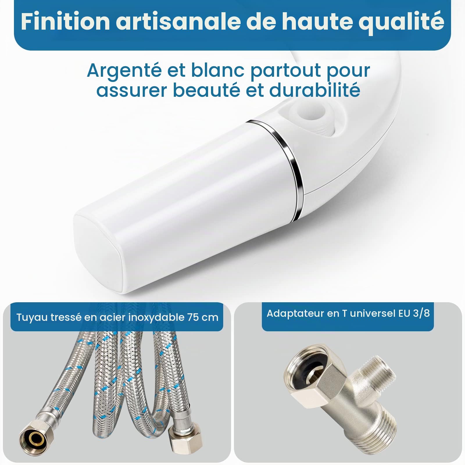 Ultra-thin Bidet Toilette WC, Kit Abattant WC Japonais Bidet De Salle De Bain, Pulvérisateur De Bidet Boku, Buse Rétractable（Anti-colmatage） Et Pression D'eau Réglable, Eau Froide, Blanc