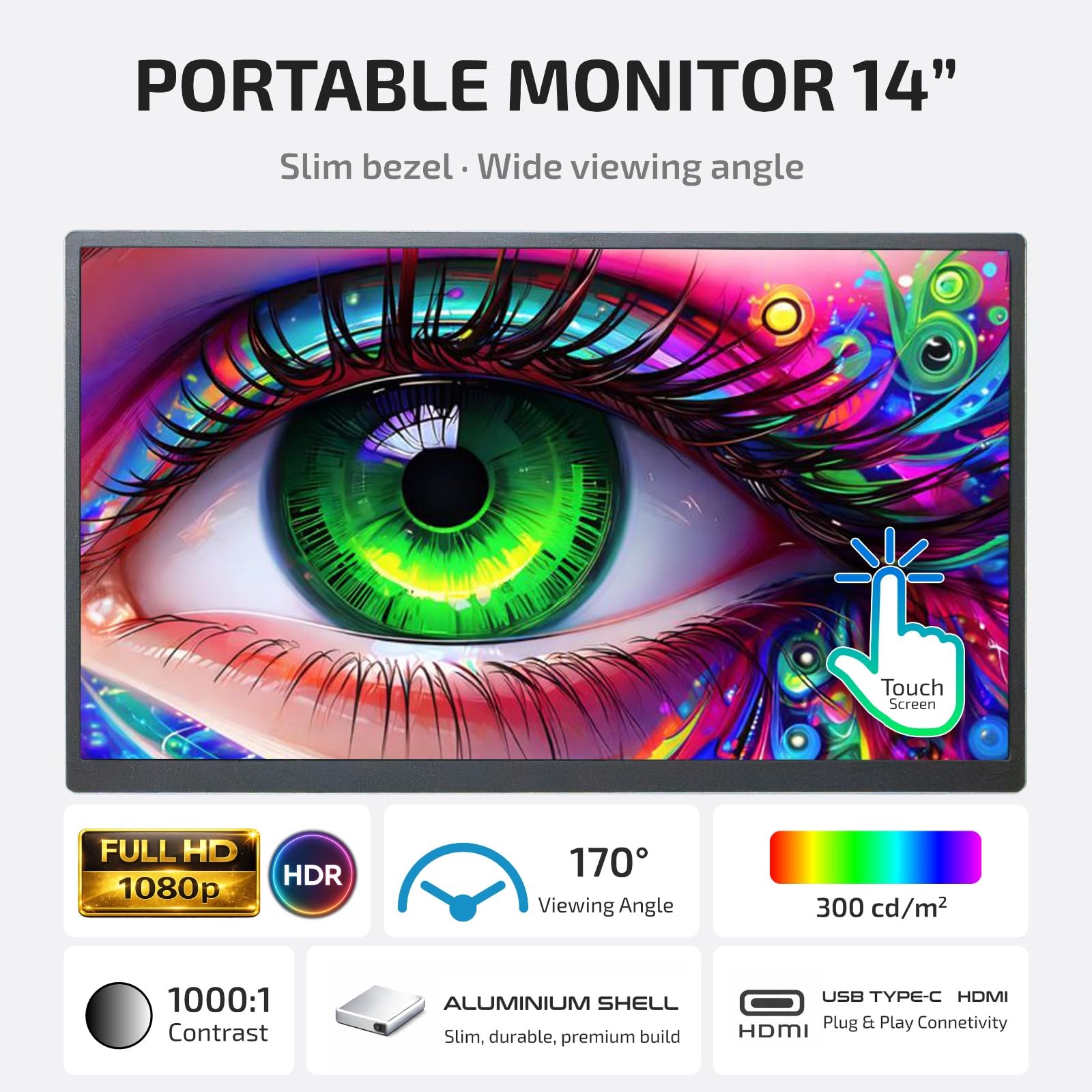 Monitor Portatile, Monitor touchscreen, Schermo portatile, 140AT – 14" Alluminio, Touchscreen,Full HD 1920x1200, IPS, USB-C e HDMI, Ultra Sottile, Leggero, Altoparlanti, Azienda Italiana