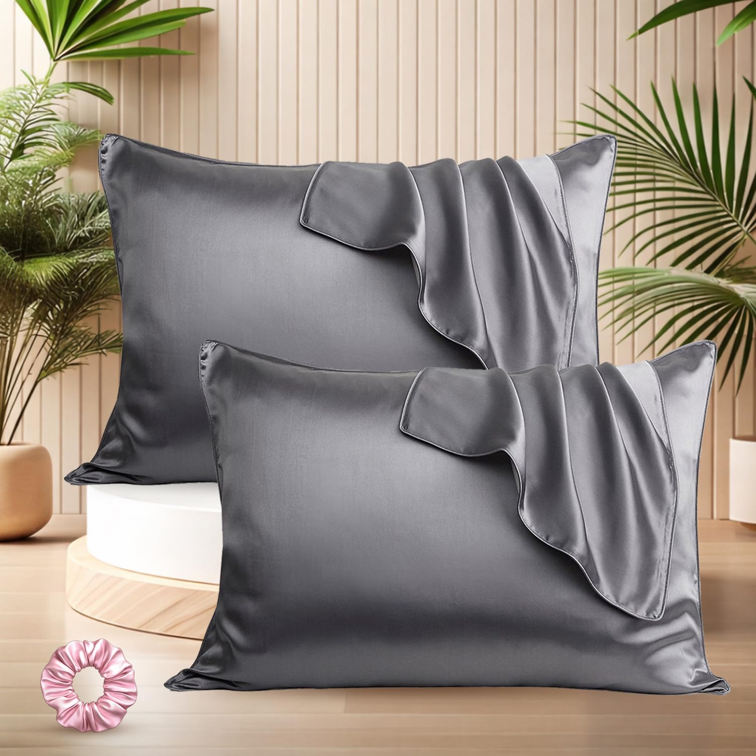 SITTELLA Satin Pillow Covers for Hair | Set of 2 + 1 Free Satin Scrunchie | Silk Pillow Case | Soft Pillow Satin Cover with Hidden Zipper | Pillow Cover | Grey